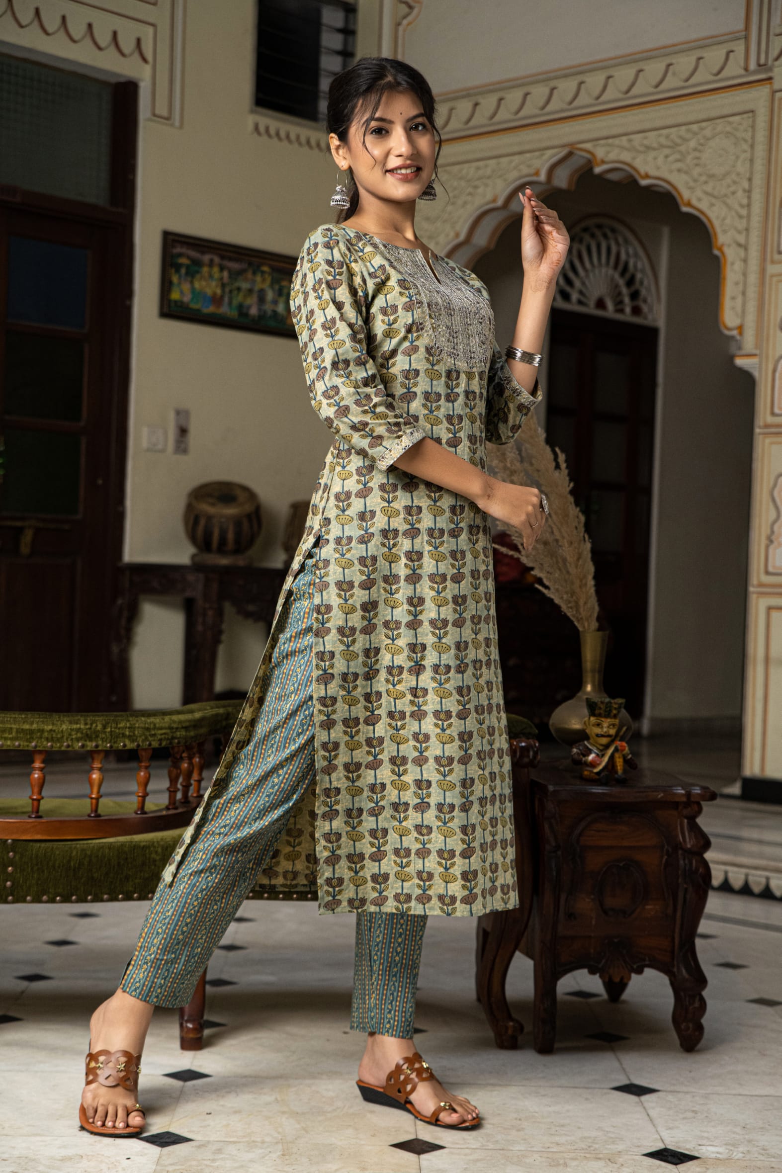 Beautiful Green Hand Block Printed Cotton Kurta Pants Set