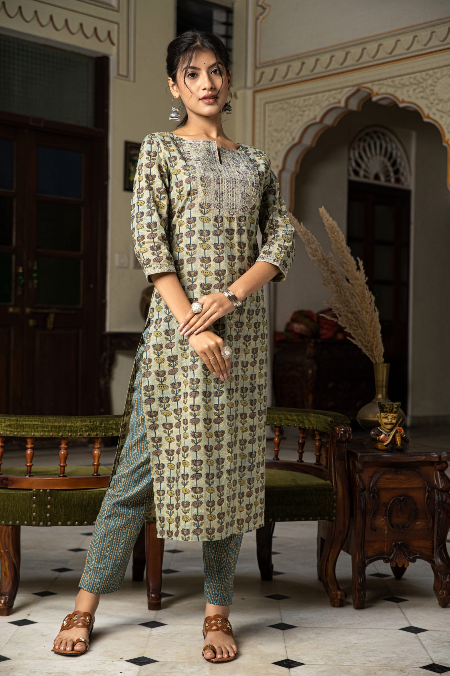 Beautiful Green Hand Block Printed Cotton Kurta Pants Set