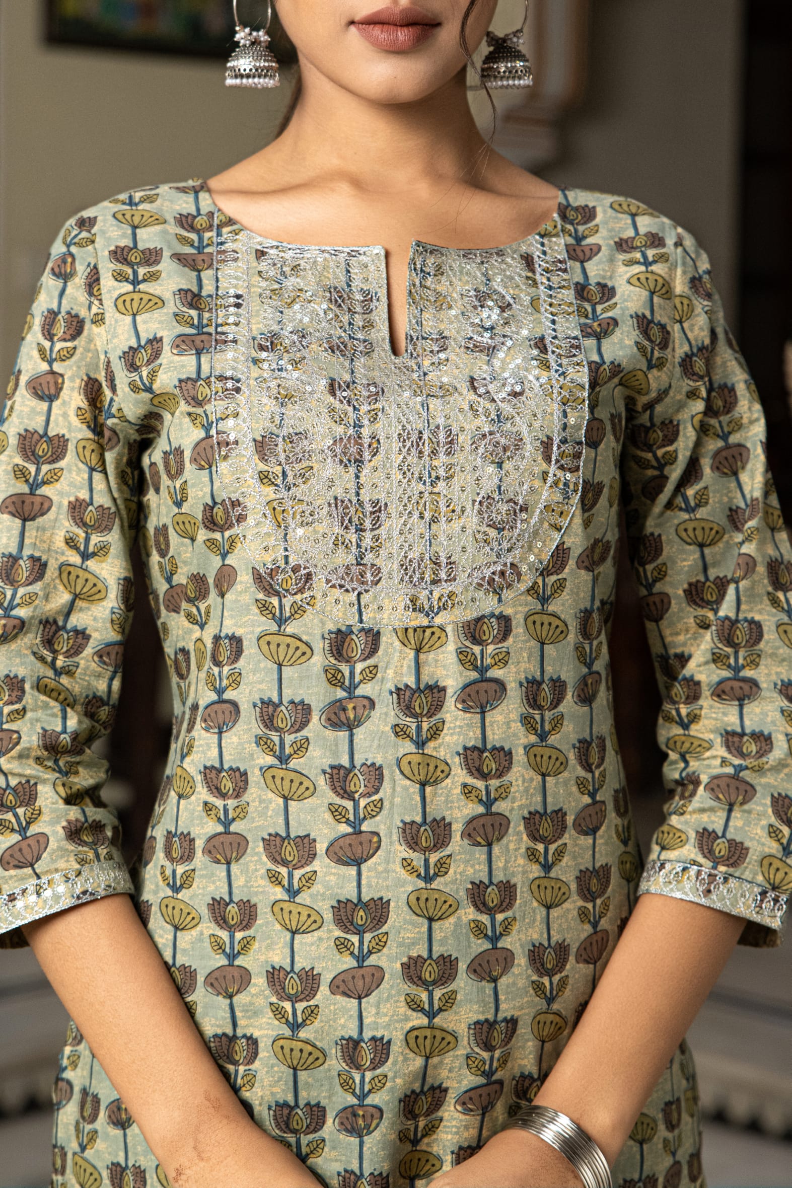 Beautiful Green Hand Block Printed Cotton Kurta Pants Set