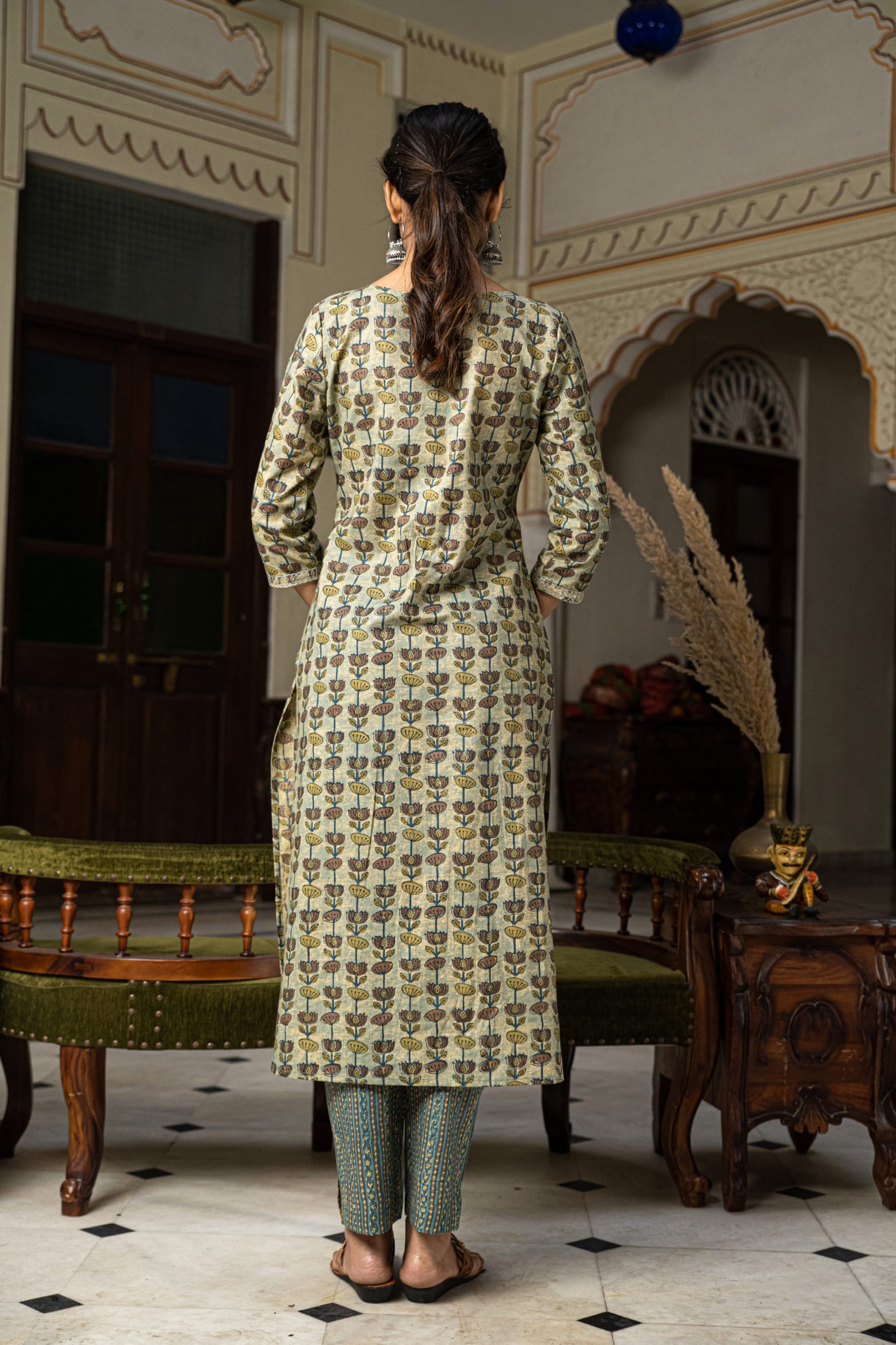 Beautiful Green Hand Block Printed Cotton Kurta Pants Set