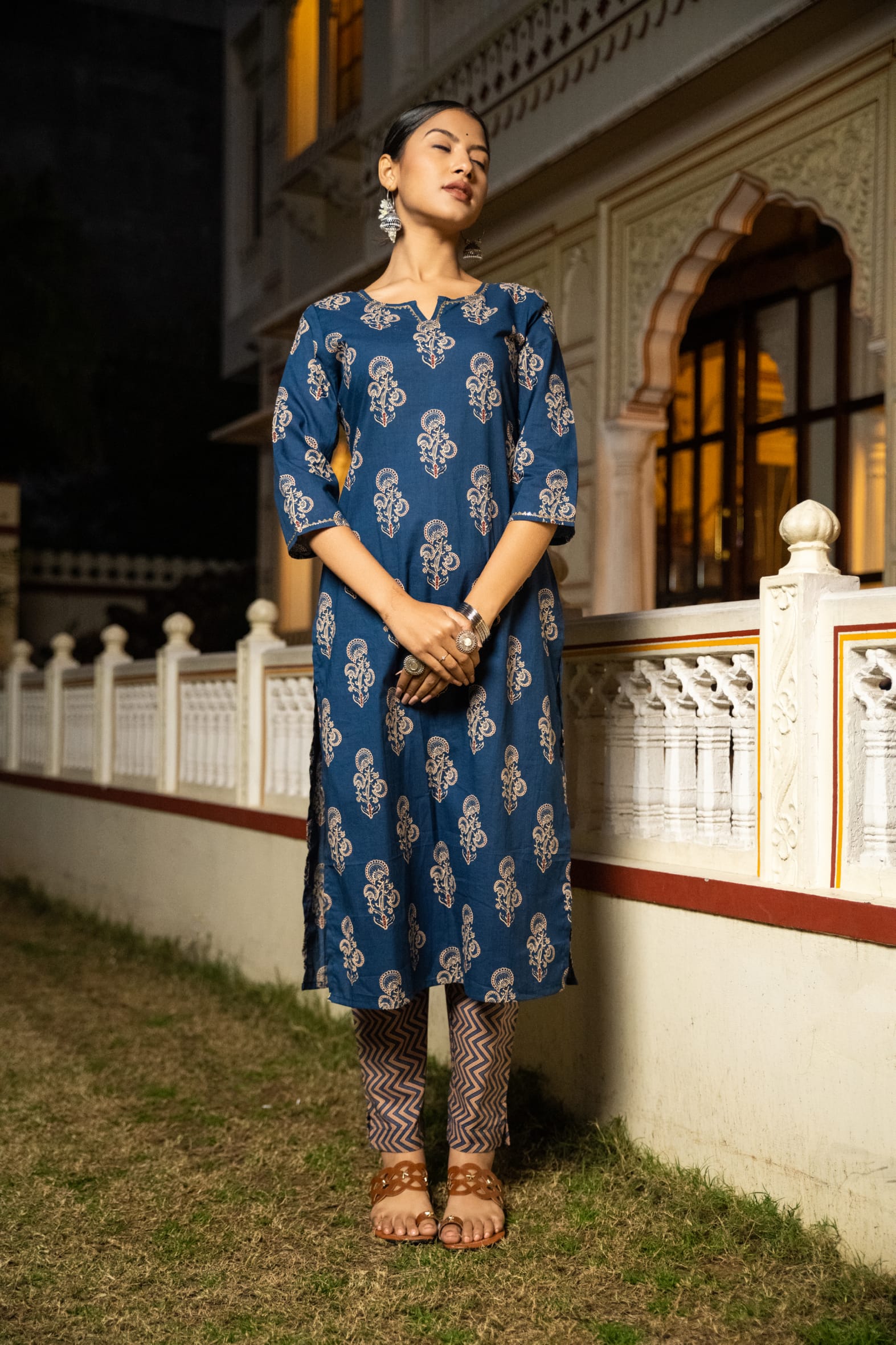 Rich Indigo Hand Block Printed Cotton Kurta Pants Set