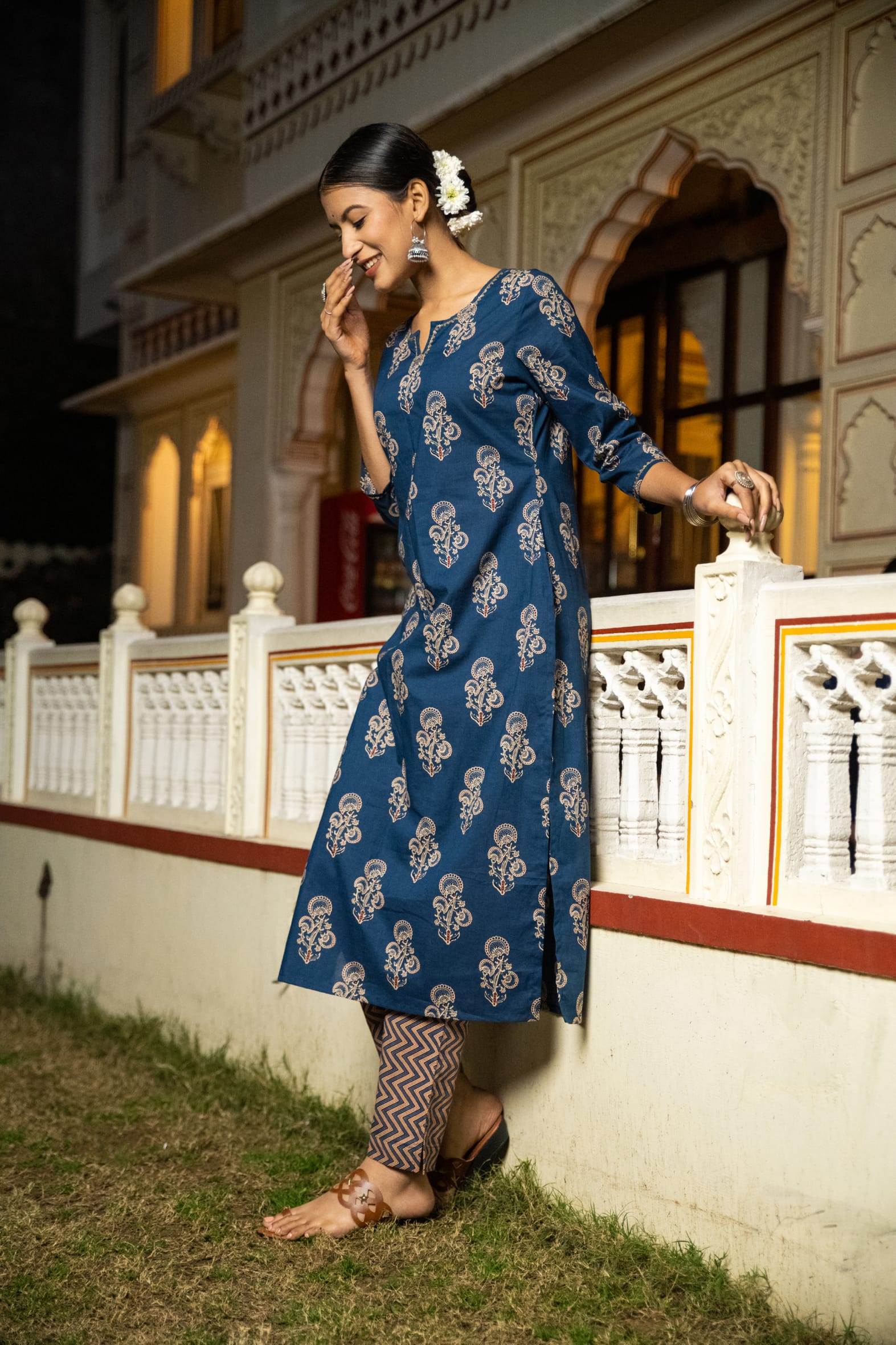 Rich Indigo Hand Block Printed Cotton Kurta Pants Set