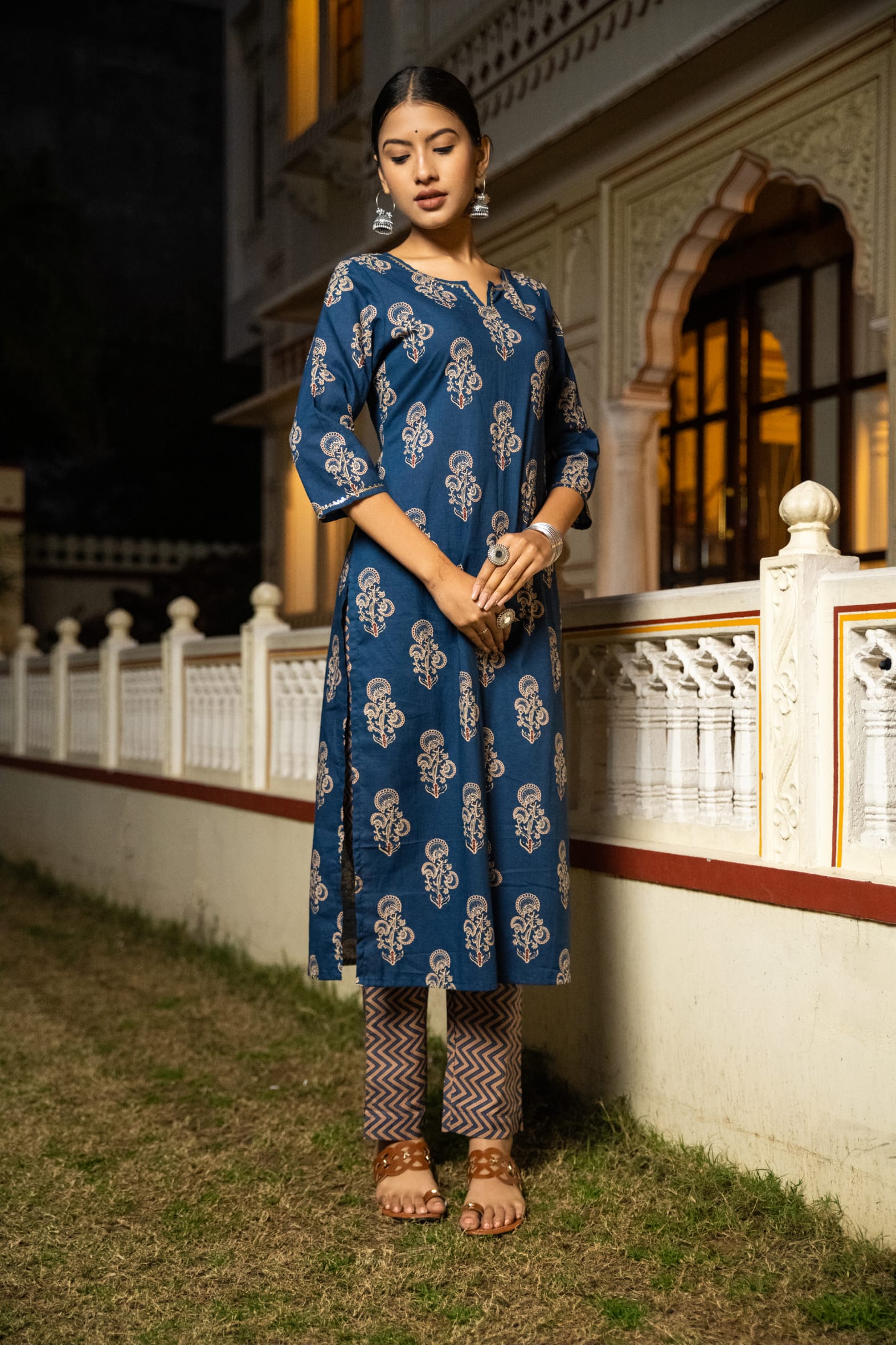 Rich Indigo Hand Block Printed Cotton Kurta Pants Set
