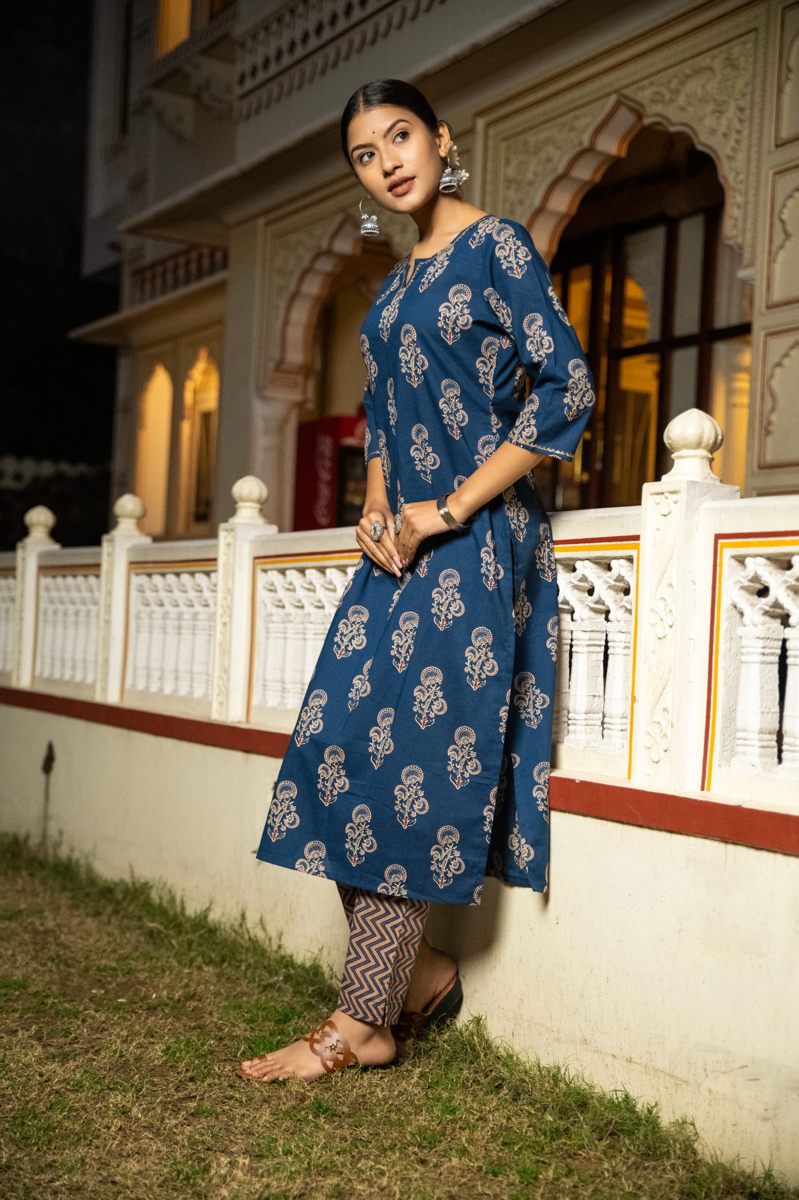 Rich Indigo Hand Block Printed Cotton Kurta Pants Set