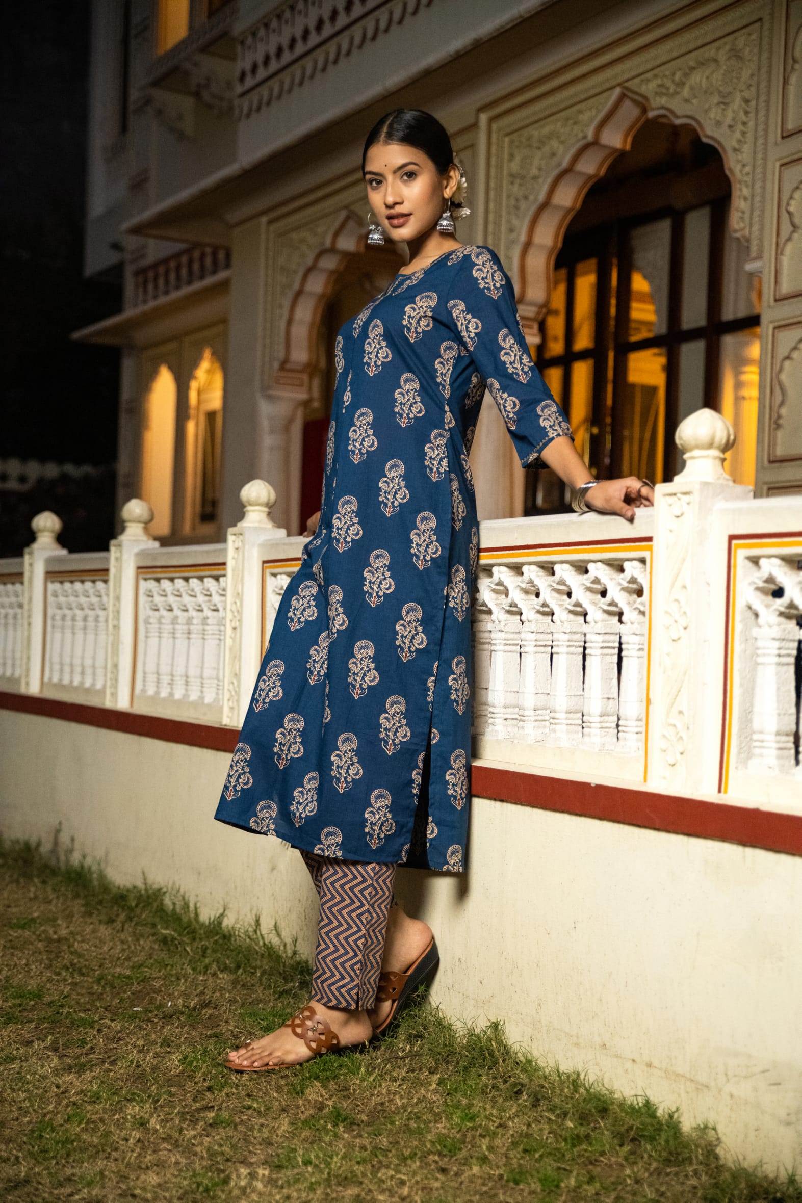 Rich Indigo Hand Block Printed Cotton Kurta Pants Set