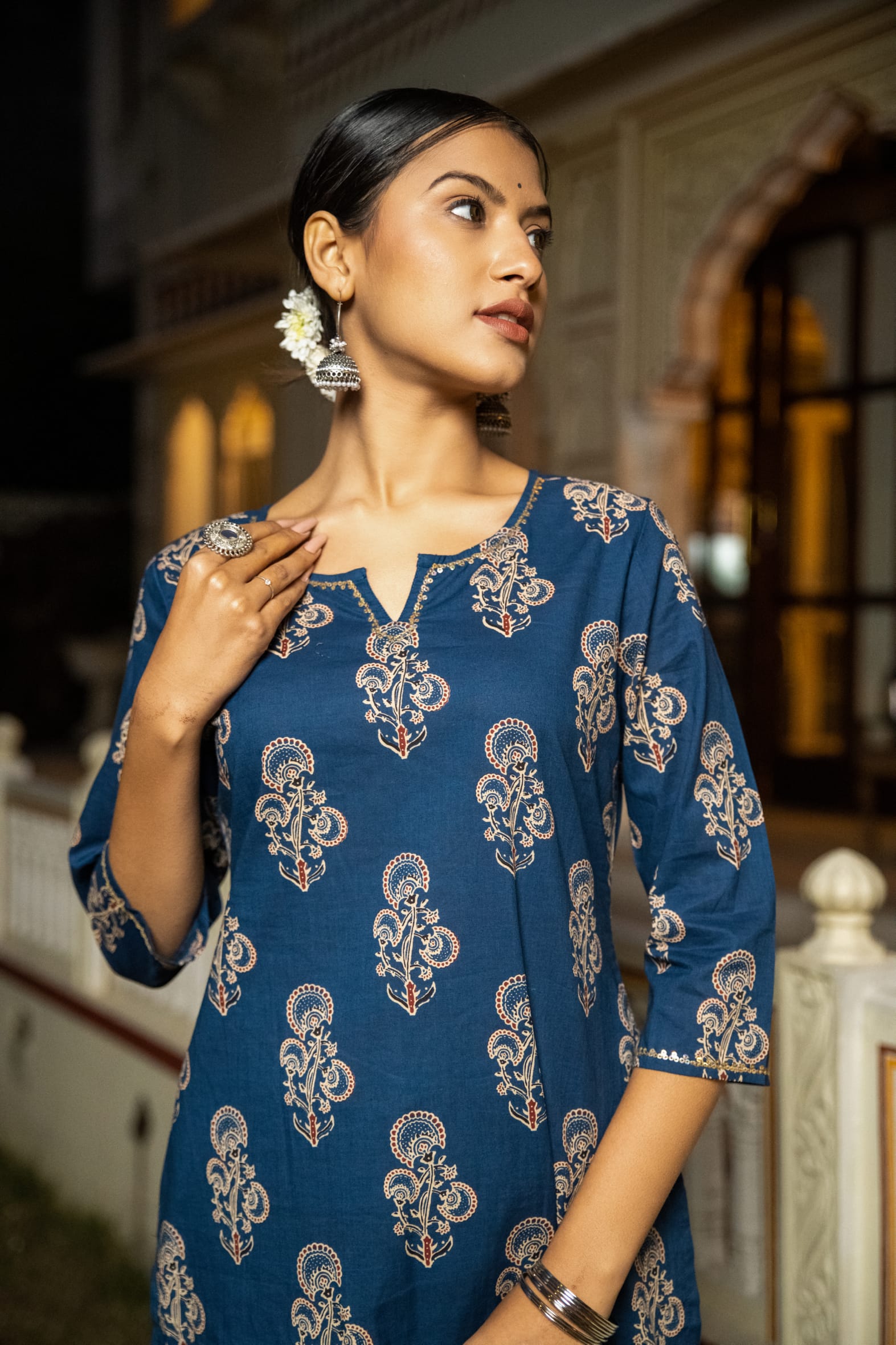 Rich Indigo Hand Block Printed Cotton Kurta Pants Set