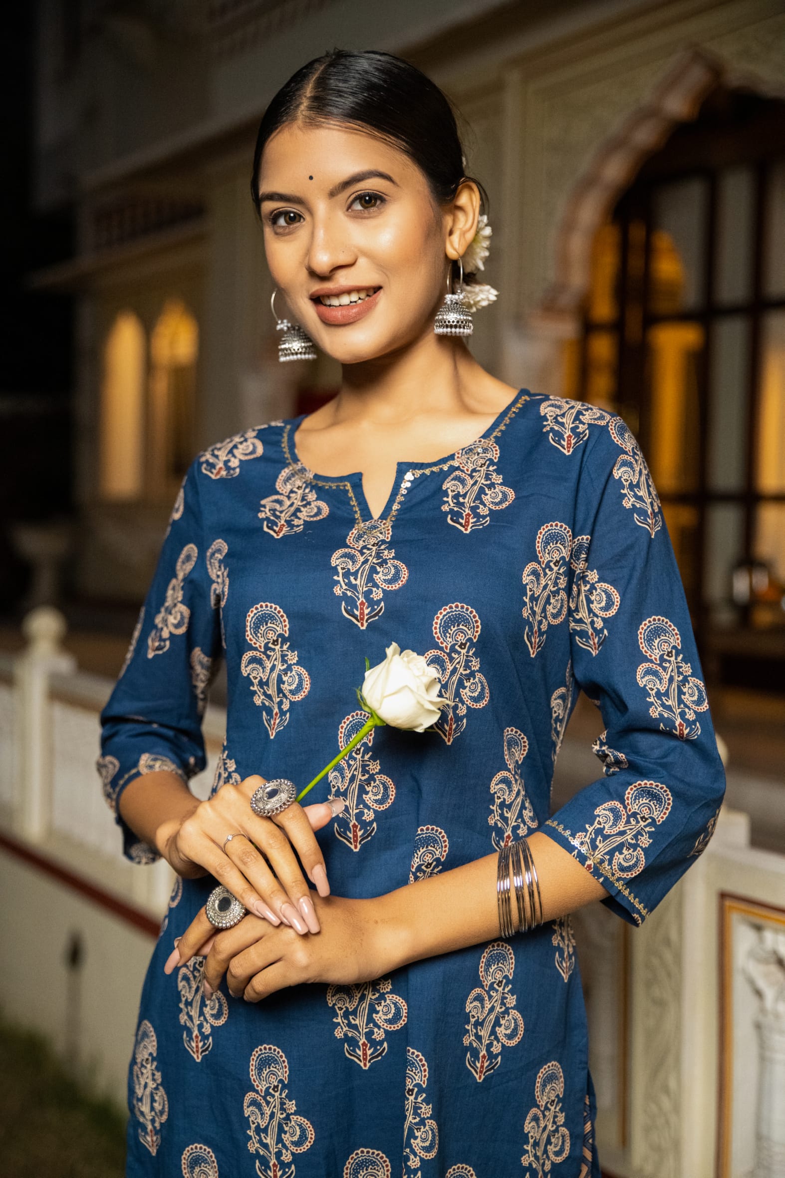 Rich Indigo Hand Block Printed Cotton Kurta Pants Set