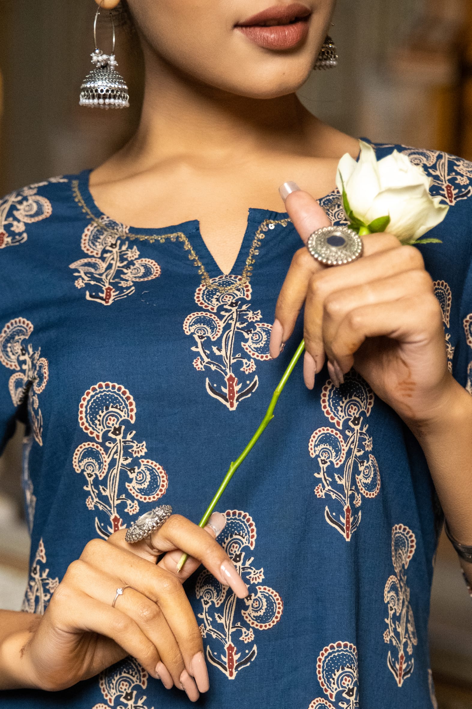 Rich Indigo Hand Block Printed Cotton Kurta Pants Set