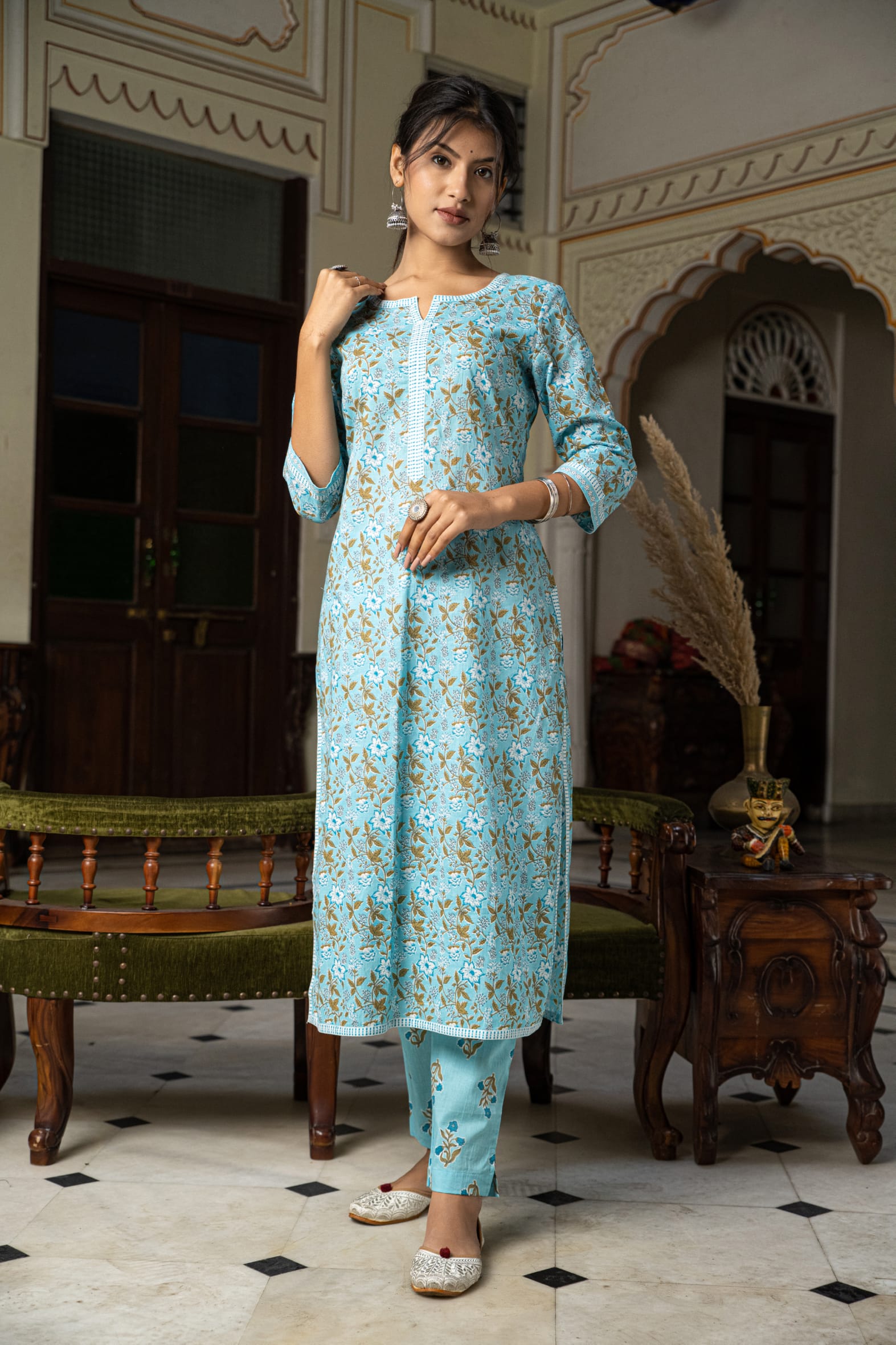 Refreshing Firozi Printed Cotton Kurta with Pants Set