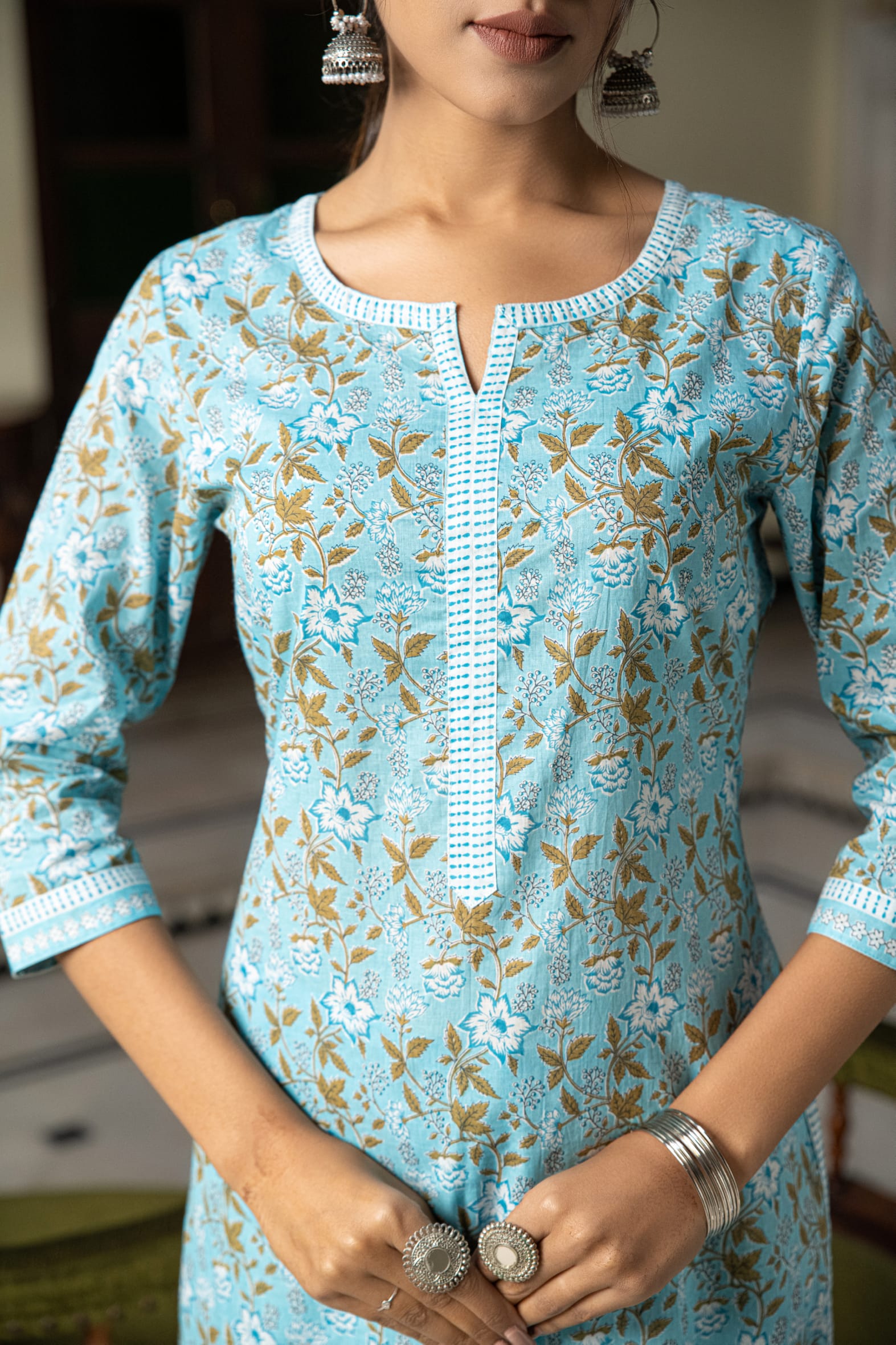 Refreshing Firozi Printed Cotton Kurta with Pants Set