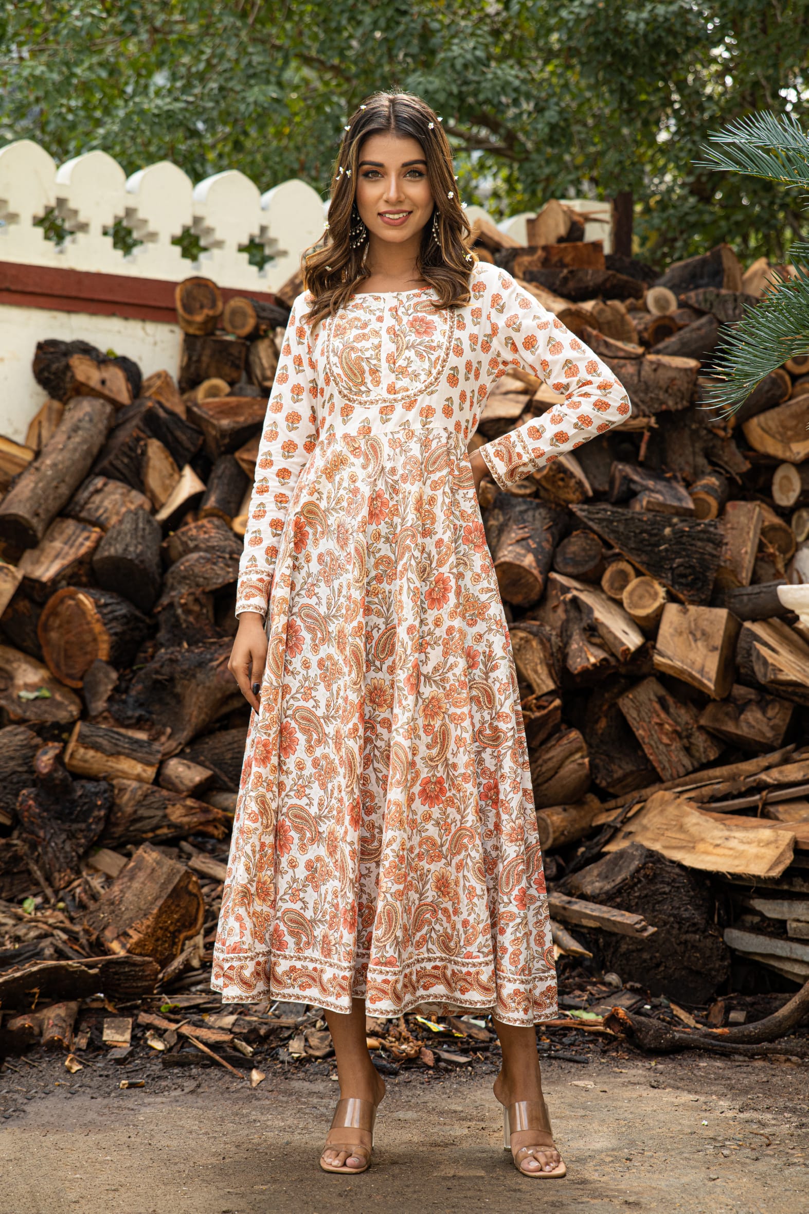 Versatile Off White Orange Hand Block Cotton Anarkali Dress