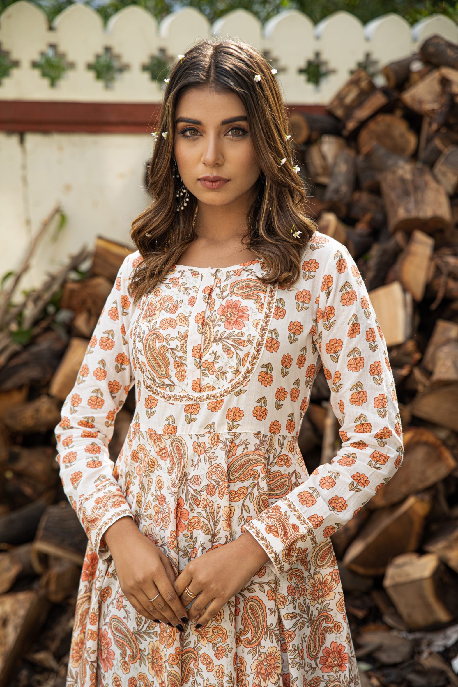 Versatile Off White Orange Hand Block Cotton Anarkali Dress
