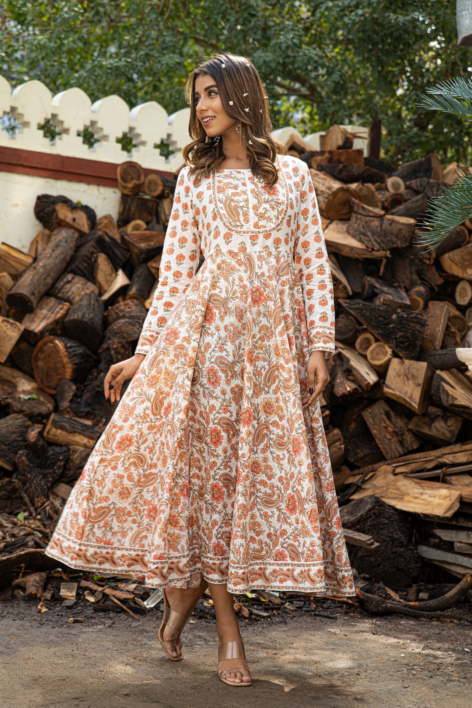 Versatile Off White Orange Hand Block Cotton Anarkali Dress