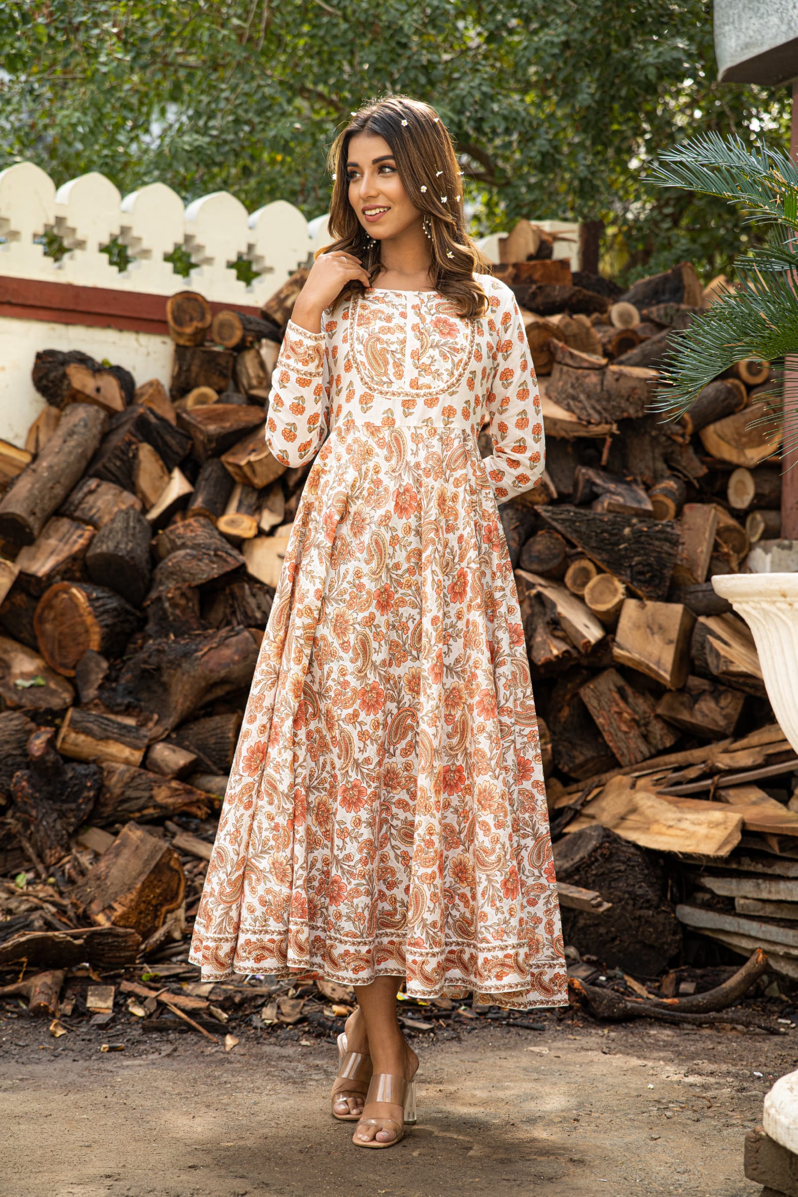 Versatile Off White Orange Hand Block Cotton Anarkali Dress