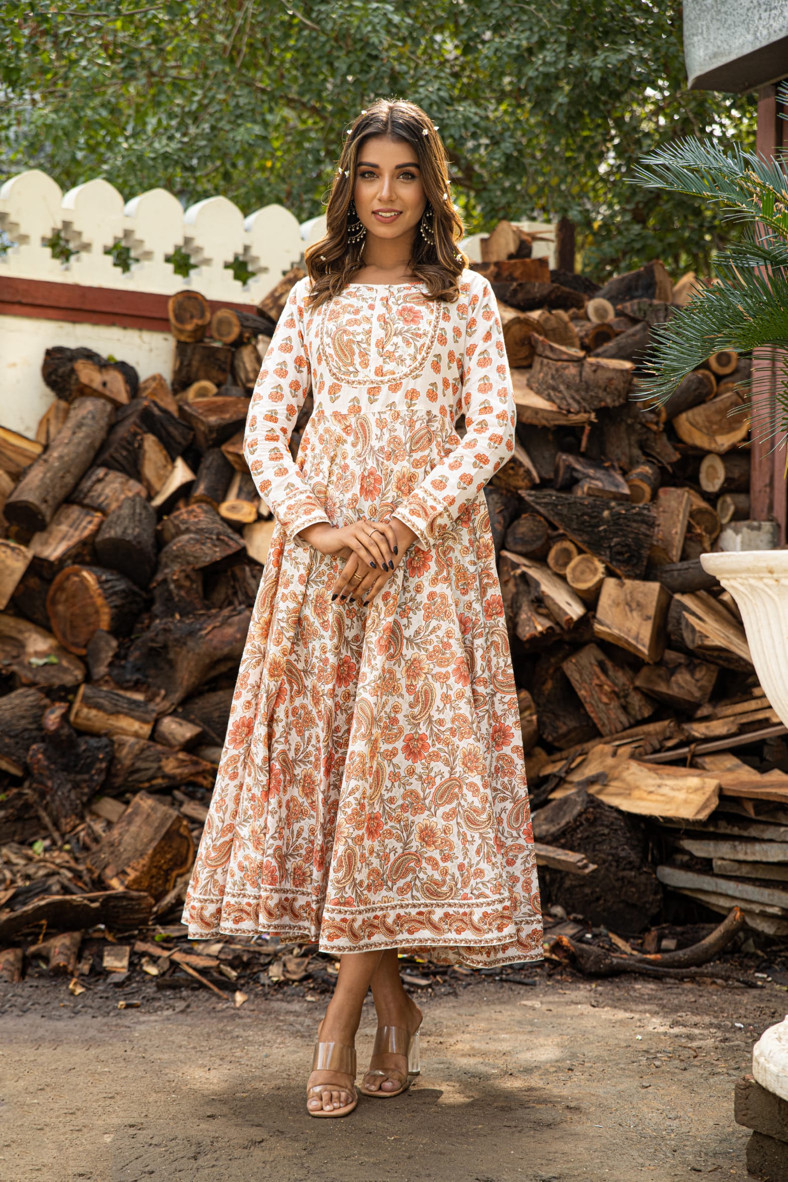 Versatile Off White Orange Hand Block Cotton Anarkali Dress