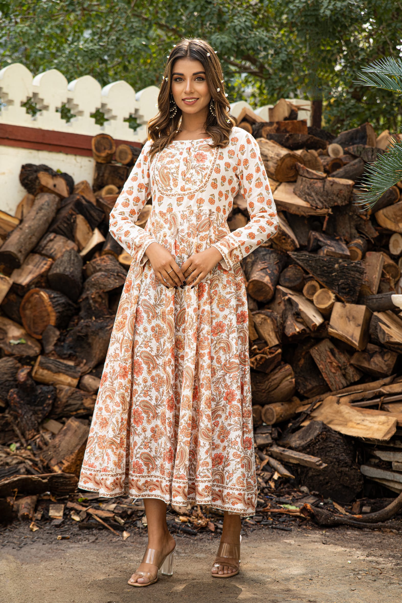 Versatile Off White Orange Hand Block Cotton Anarkali Dress