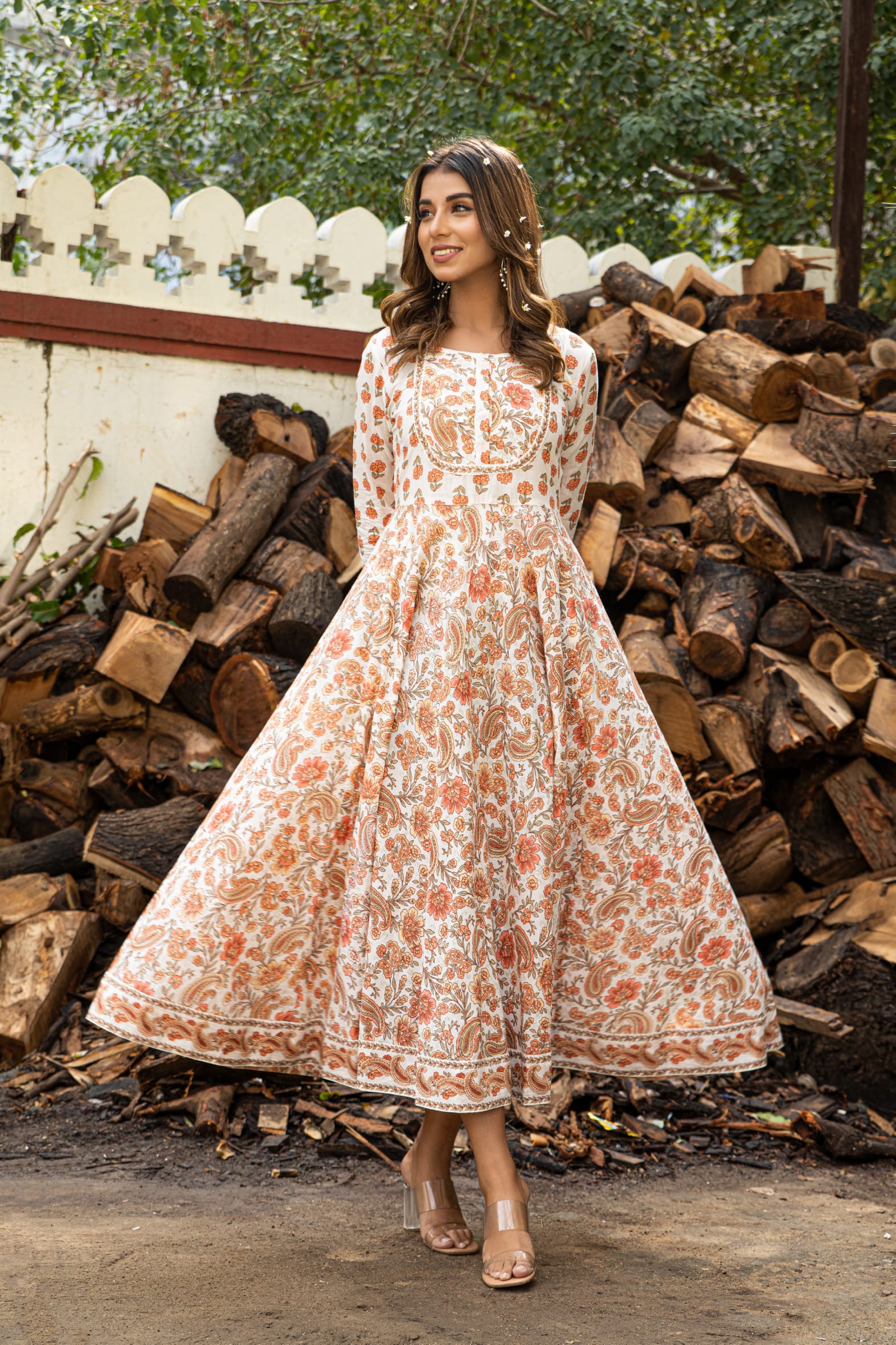 Versatile Off White Orange Hand Block Cotton Anarkali Dress