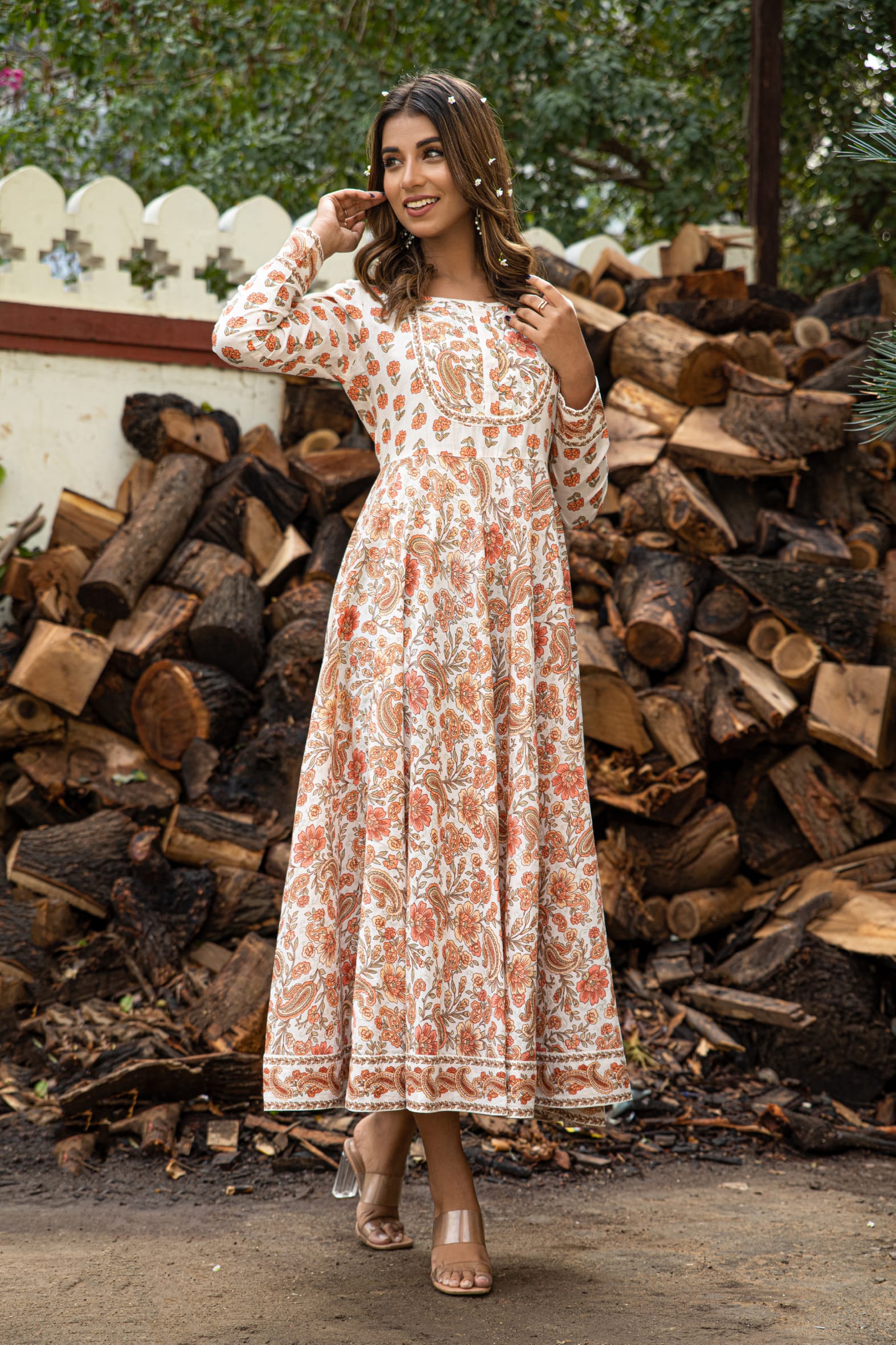 Versatile Off White Orange Hand Block Cotton Anarkali Dress