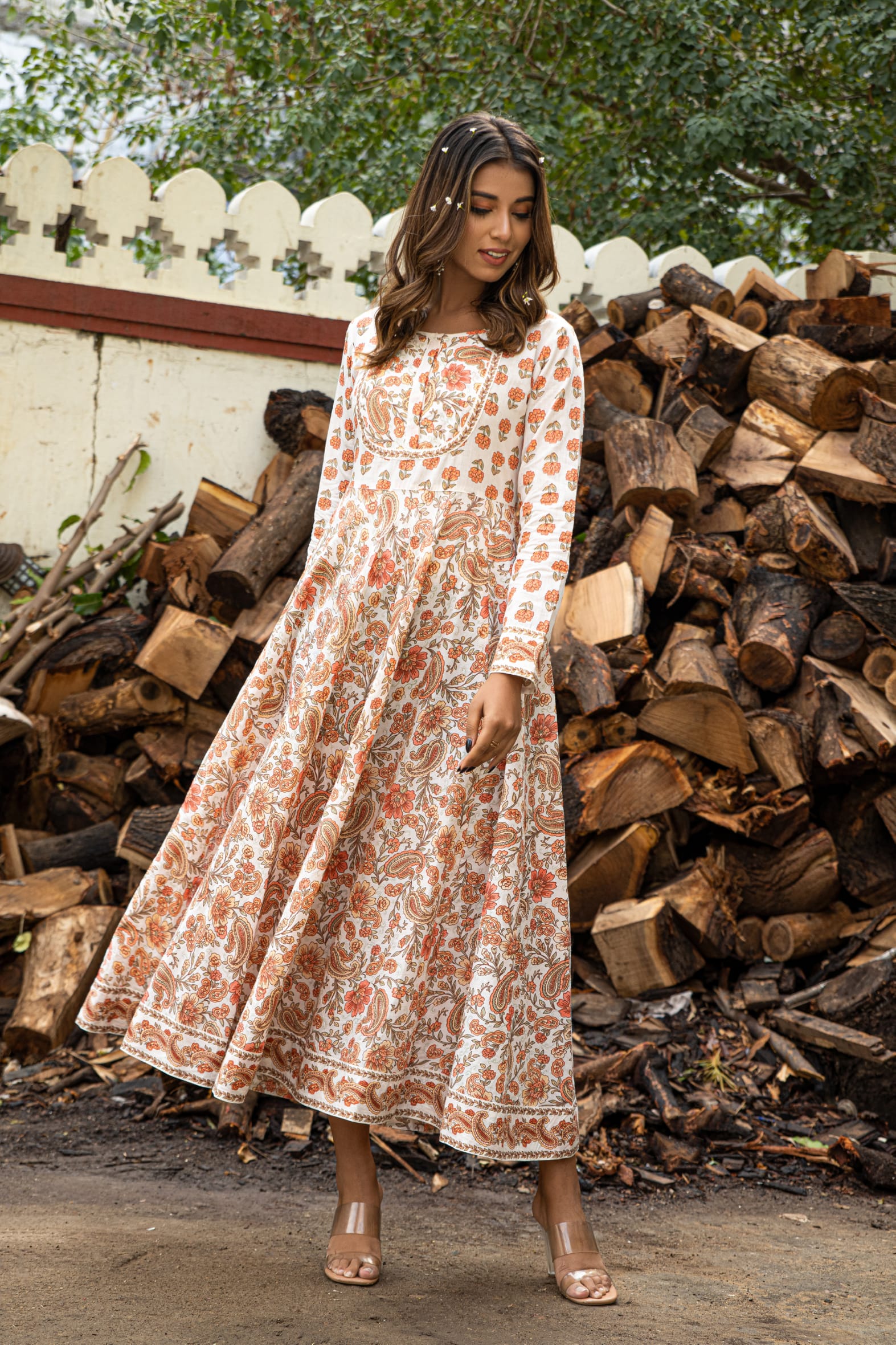 Versatile Off White Orange Hand Block Cotton Anarkali Dress