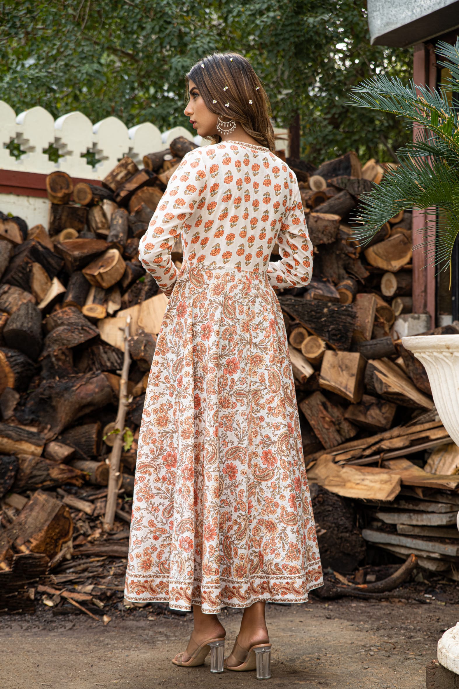 Versatile Off White Orange Hand Block Cotton Anarkali Dress