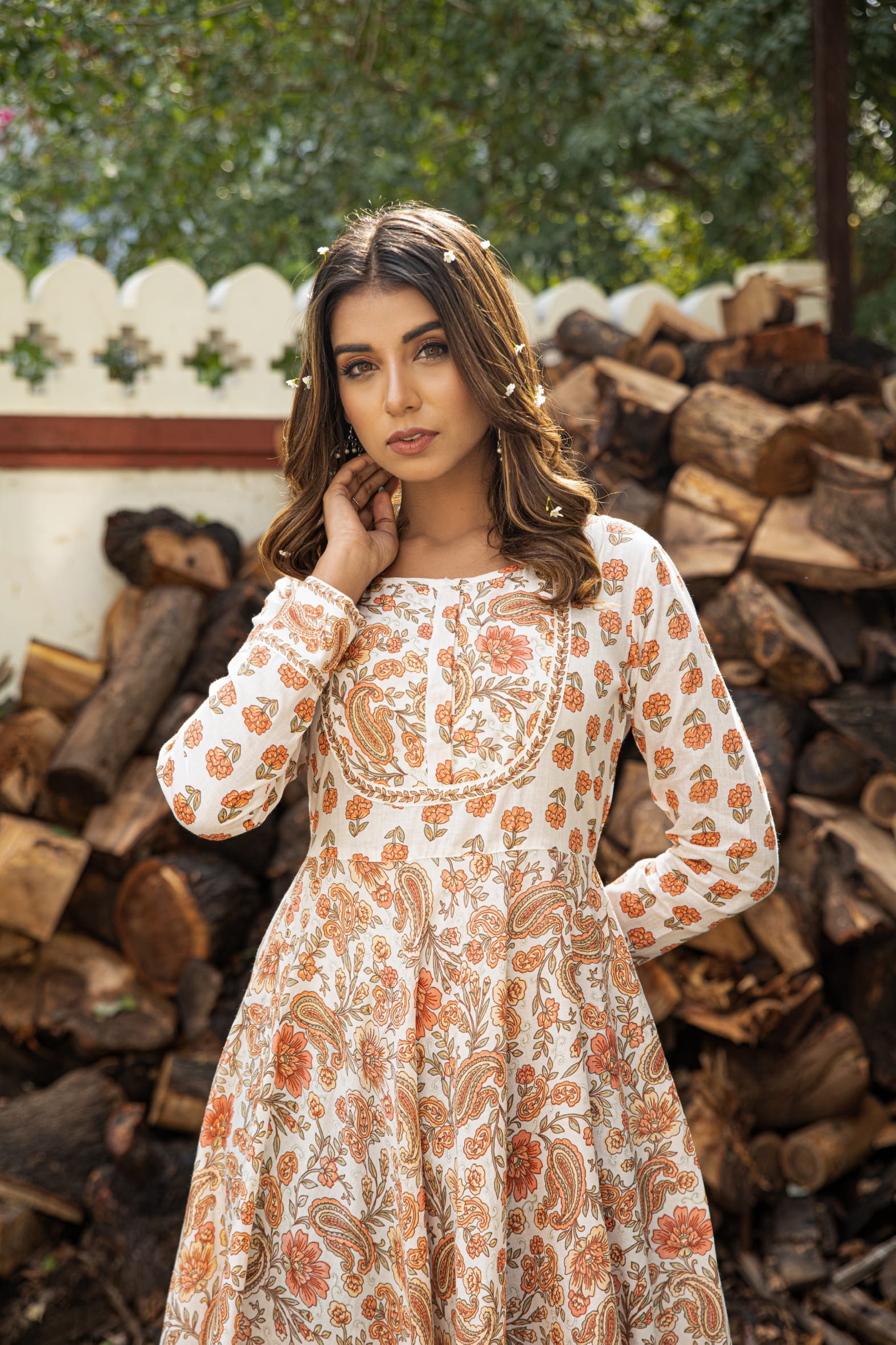 Versatile Off White Orange Hand Block Cotton Anarkali Dress