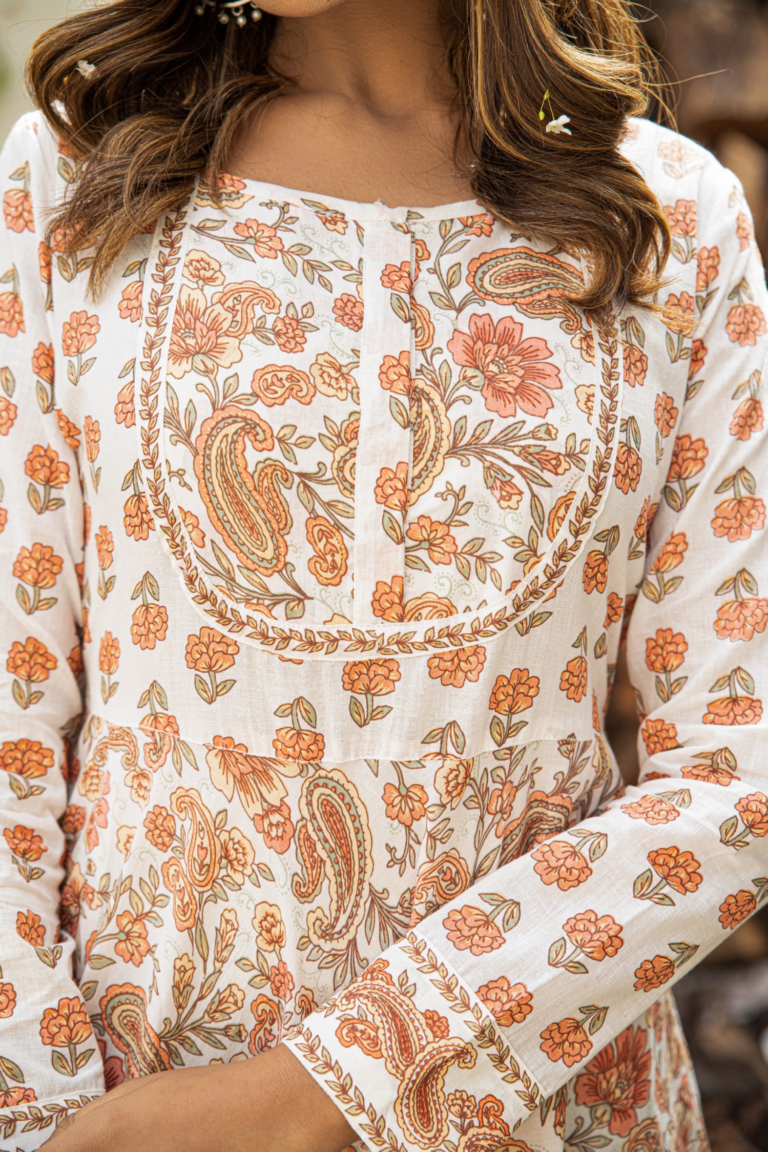 Versatile Off White Orange Hand Block Cotton Anarkali Dress