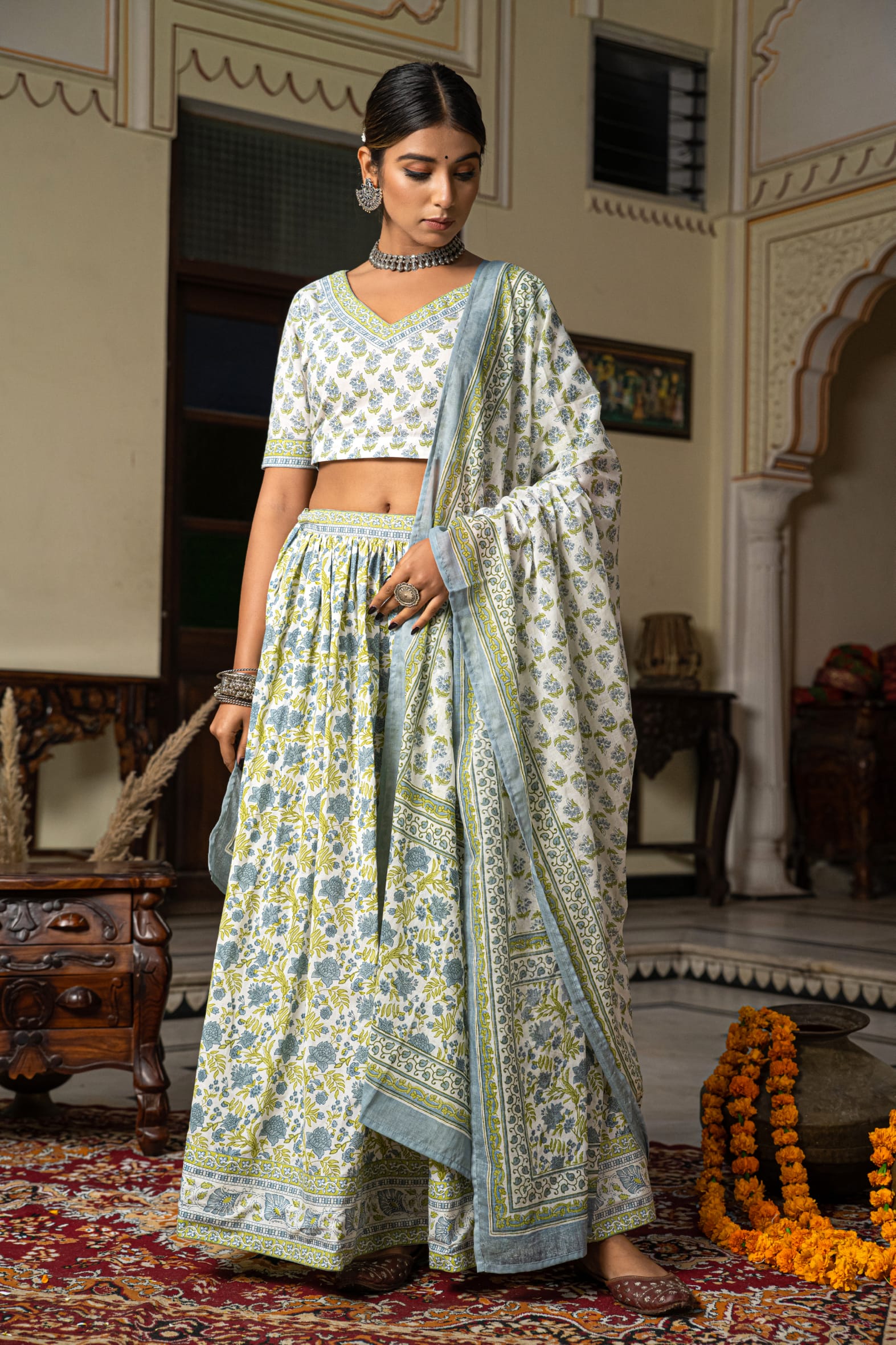 Stunning White Blue Hand Block Cotton Lehenga Set