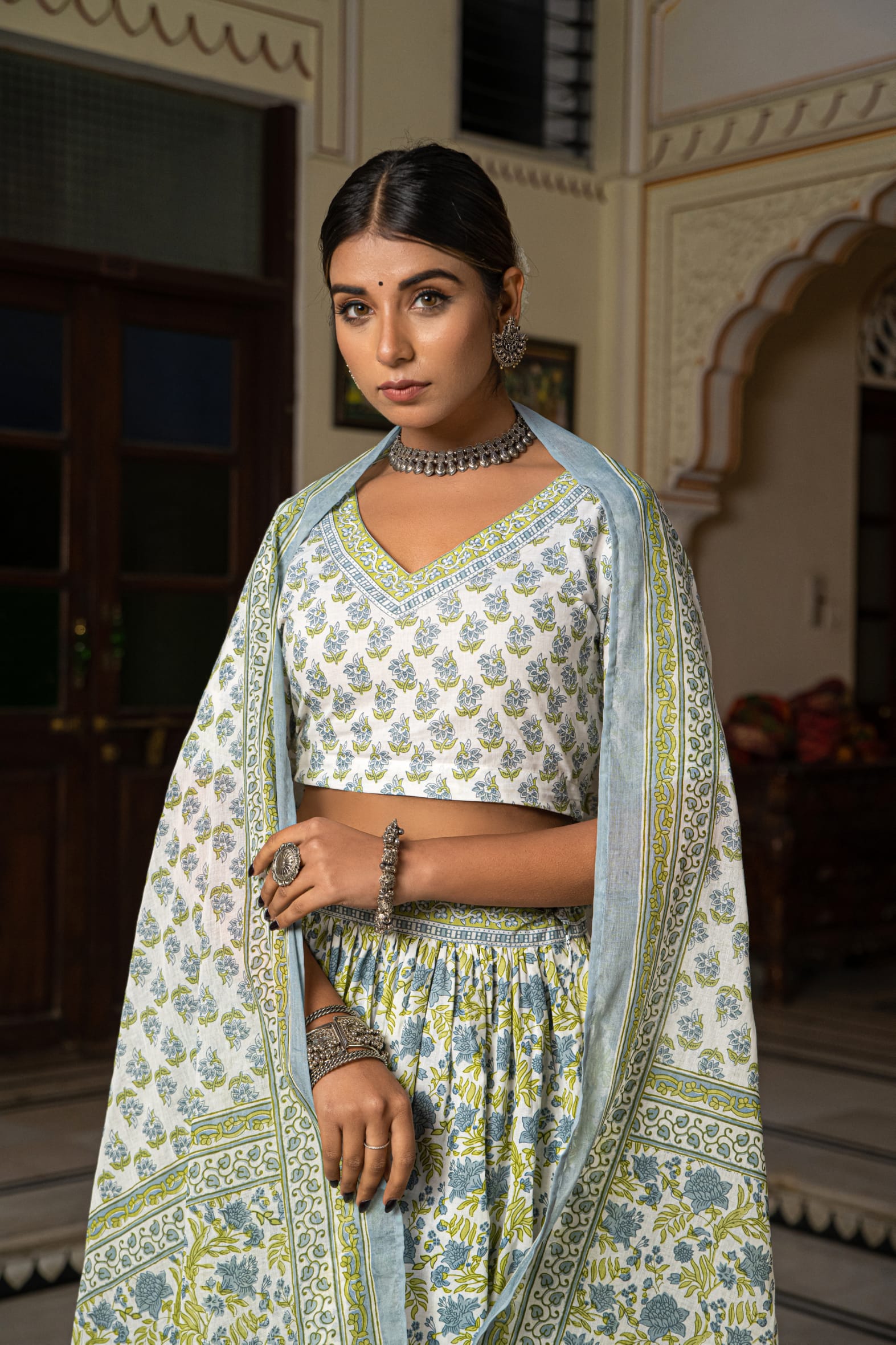 Stunning White Blue Hand Block Cotton Lehenga Set