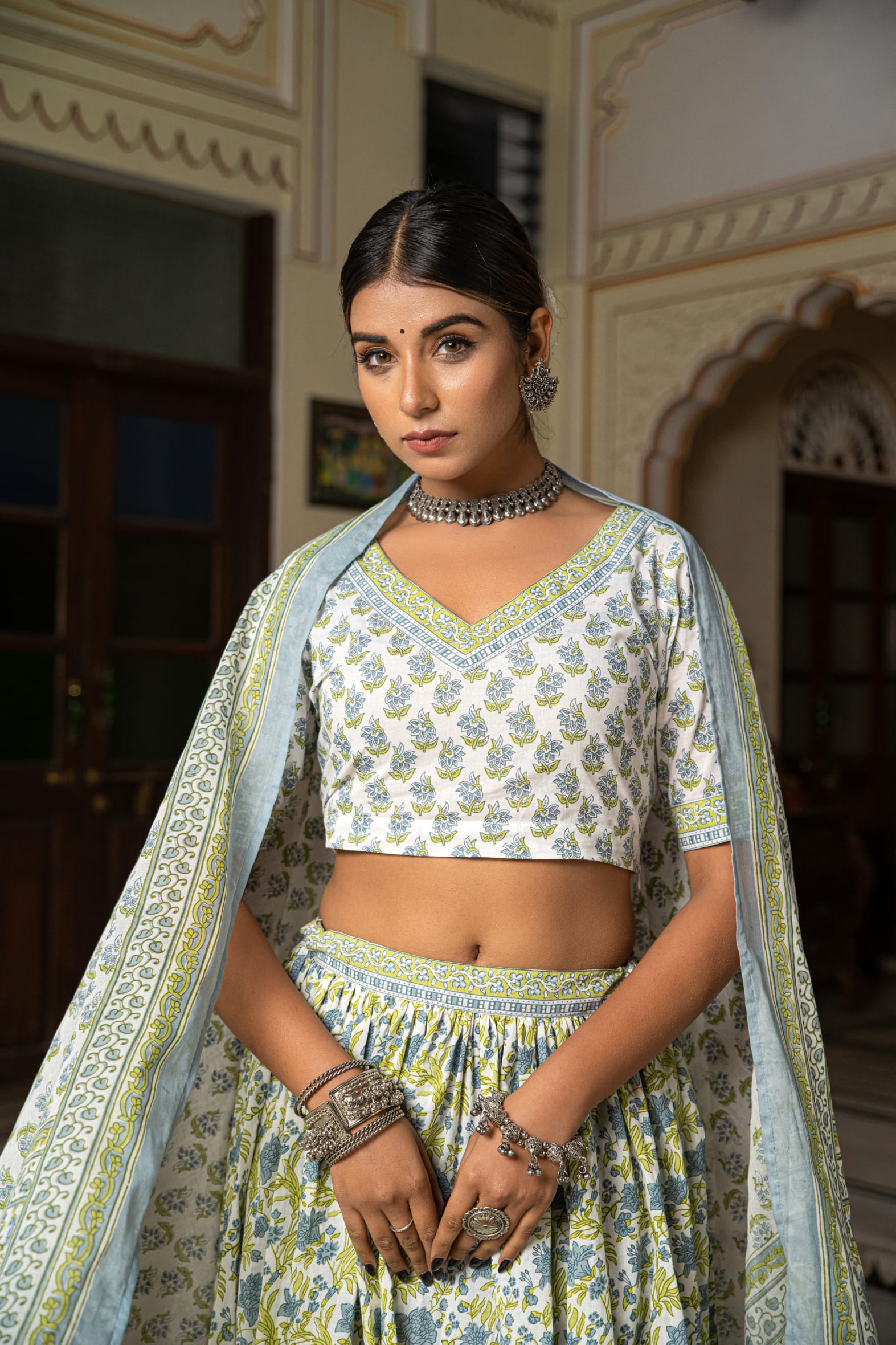 Stunning White Blue Hand Block Cotton Lehenga Set