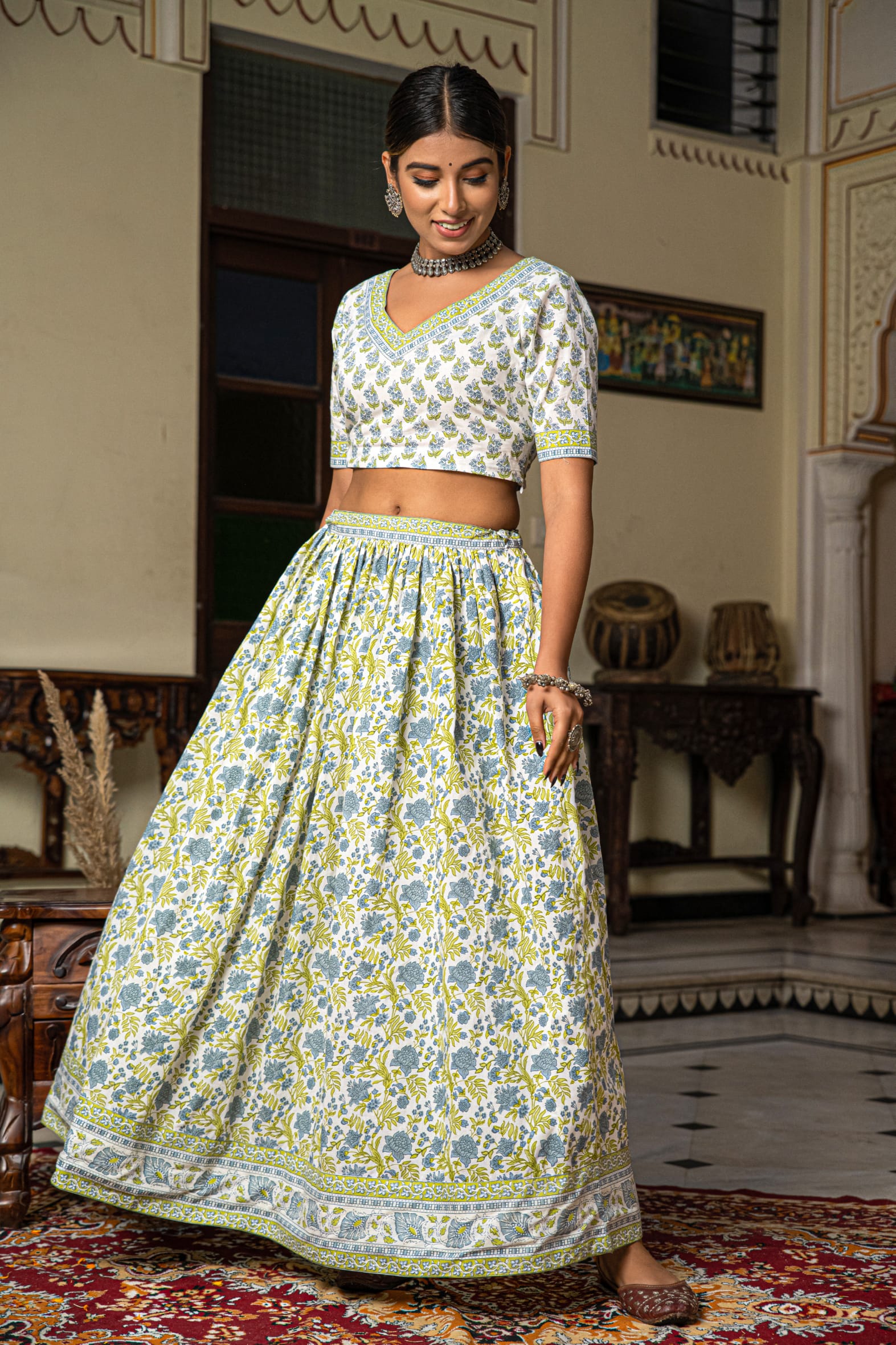 Stunning White Blue Hand Block Cotton Lehenga Set