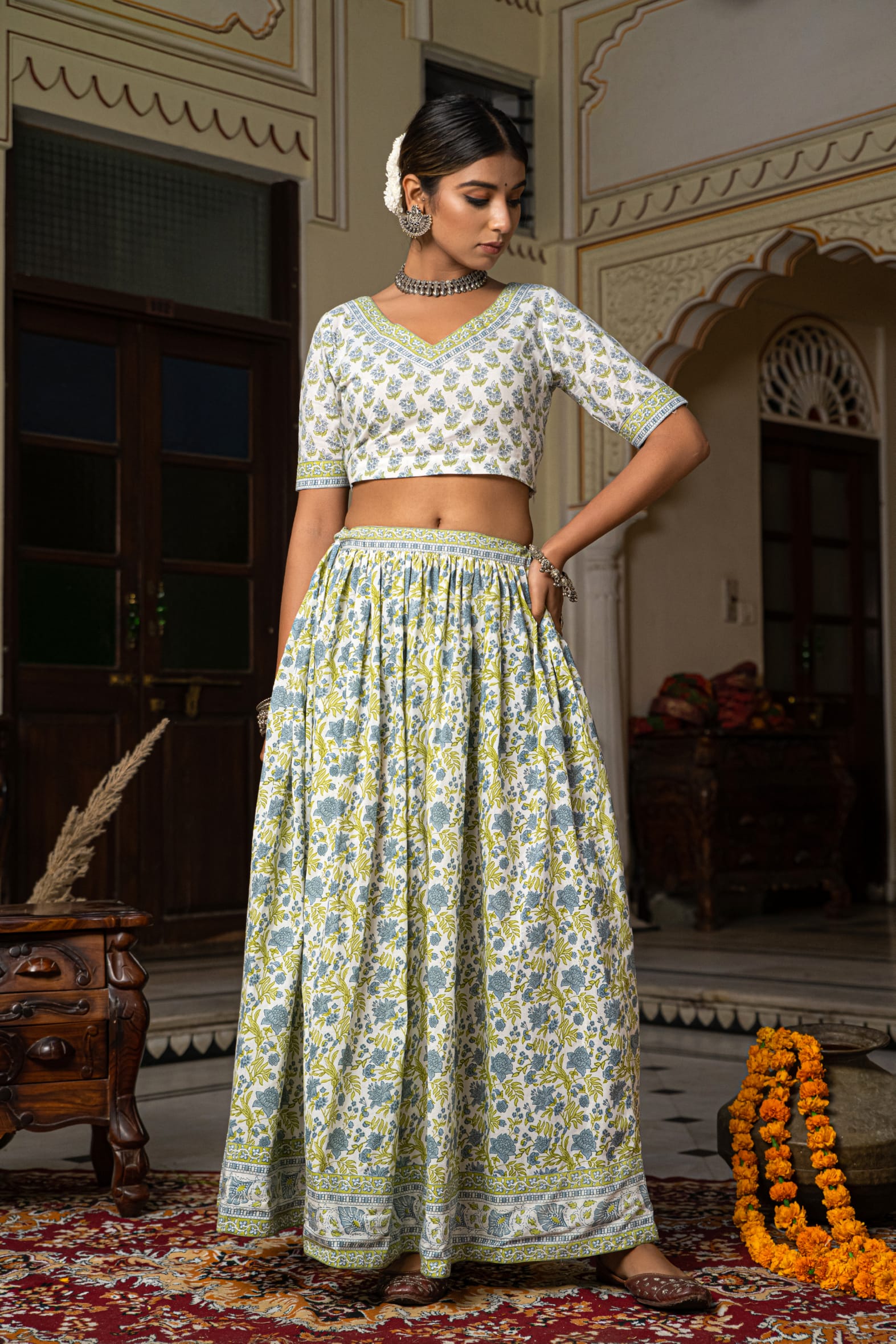 Stunning White Blue Hand Block Cotton Lehenga Set