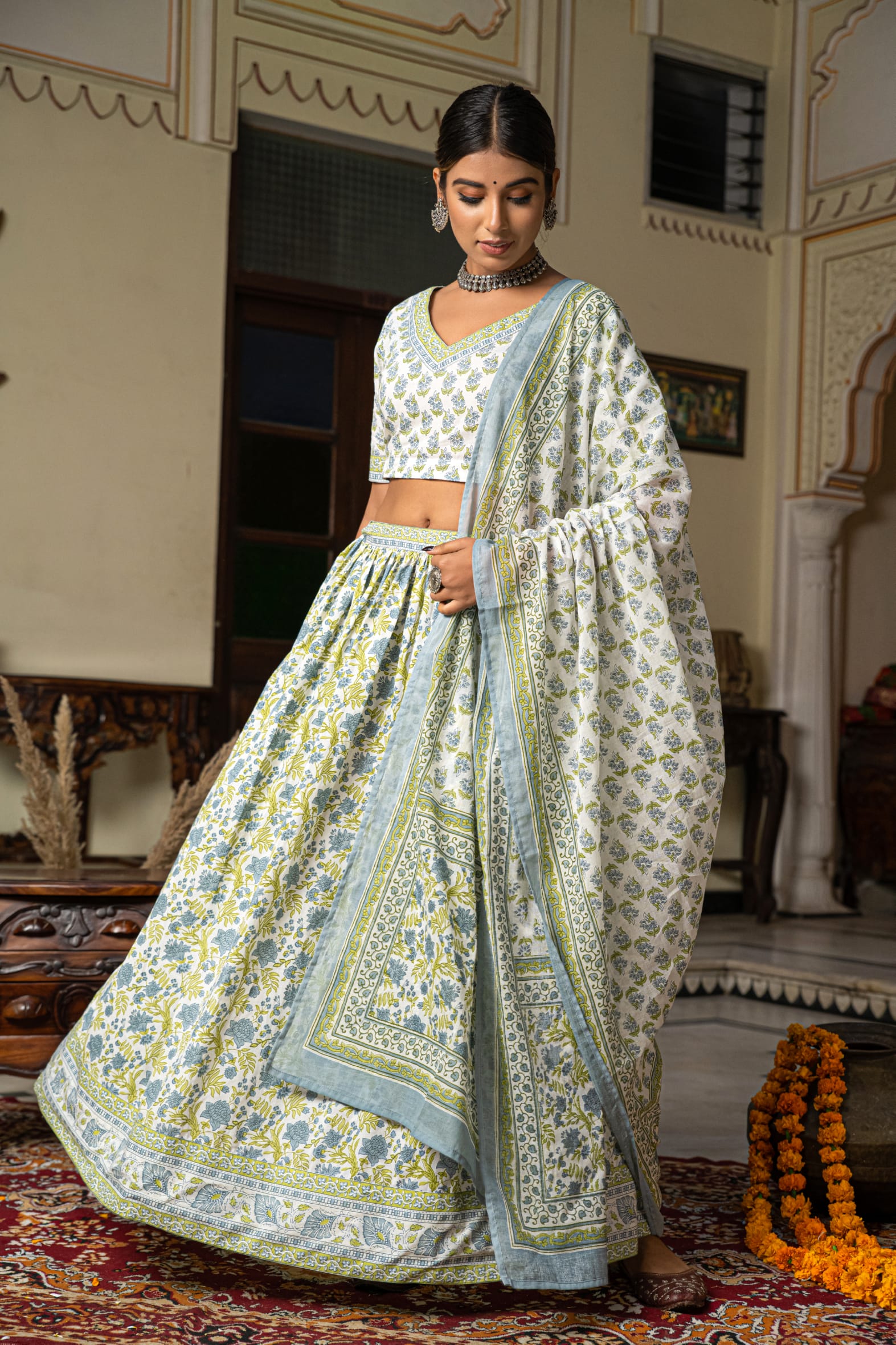 Stunning White Blue Hand Block Cotton Lehenga Set