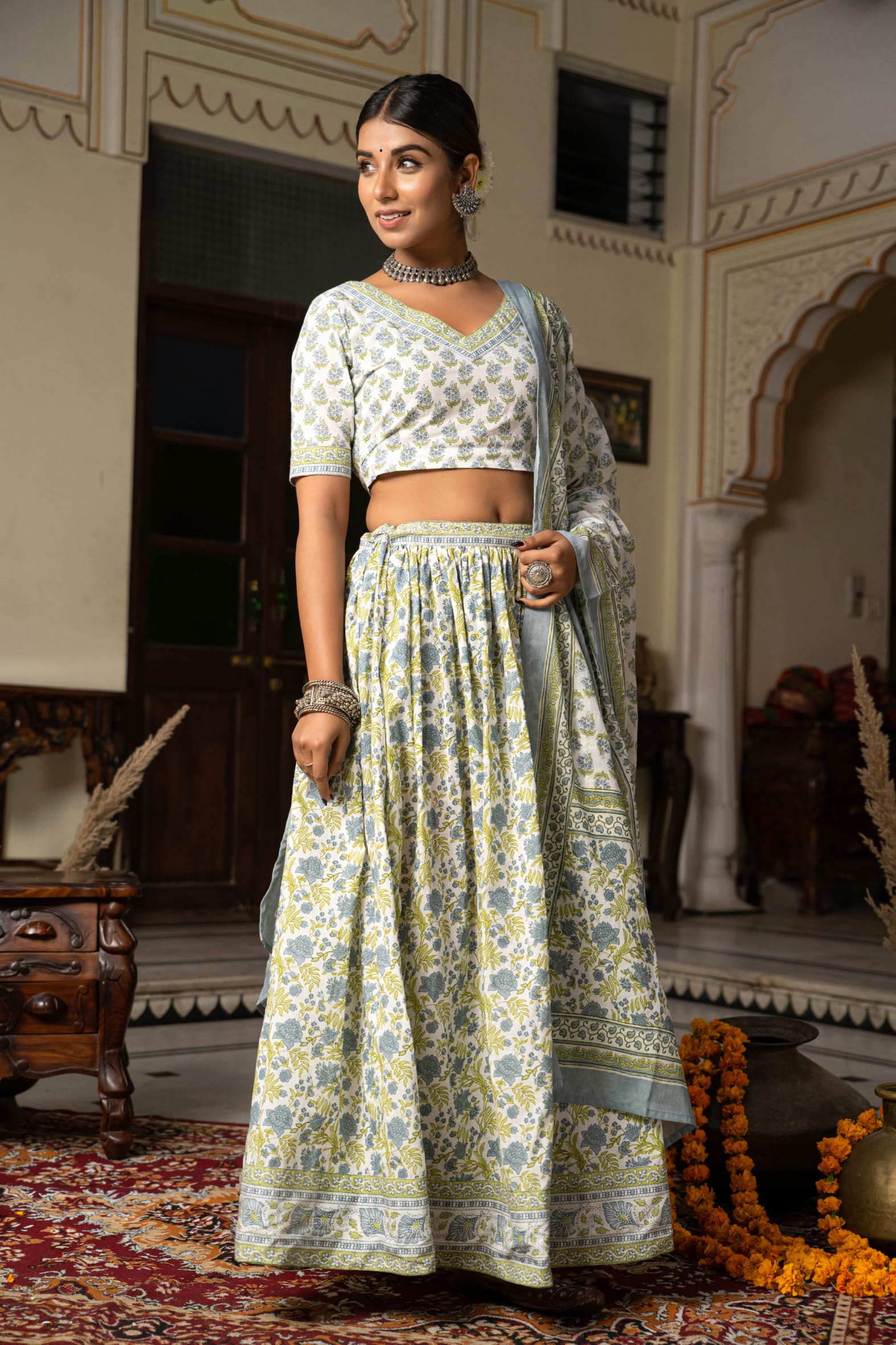 Stunning White Blue Hand Block Cotton Lehenga Set
