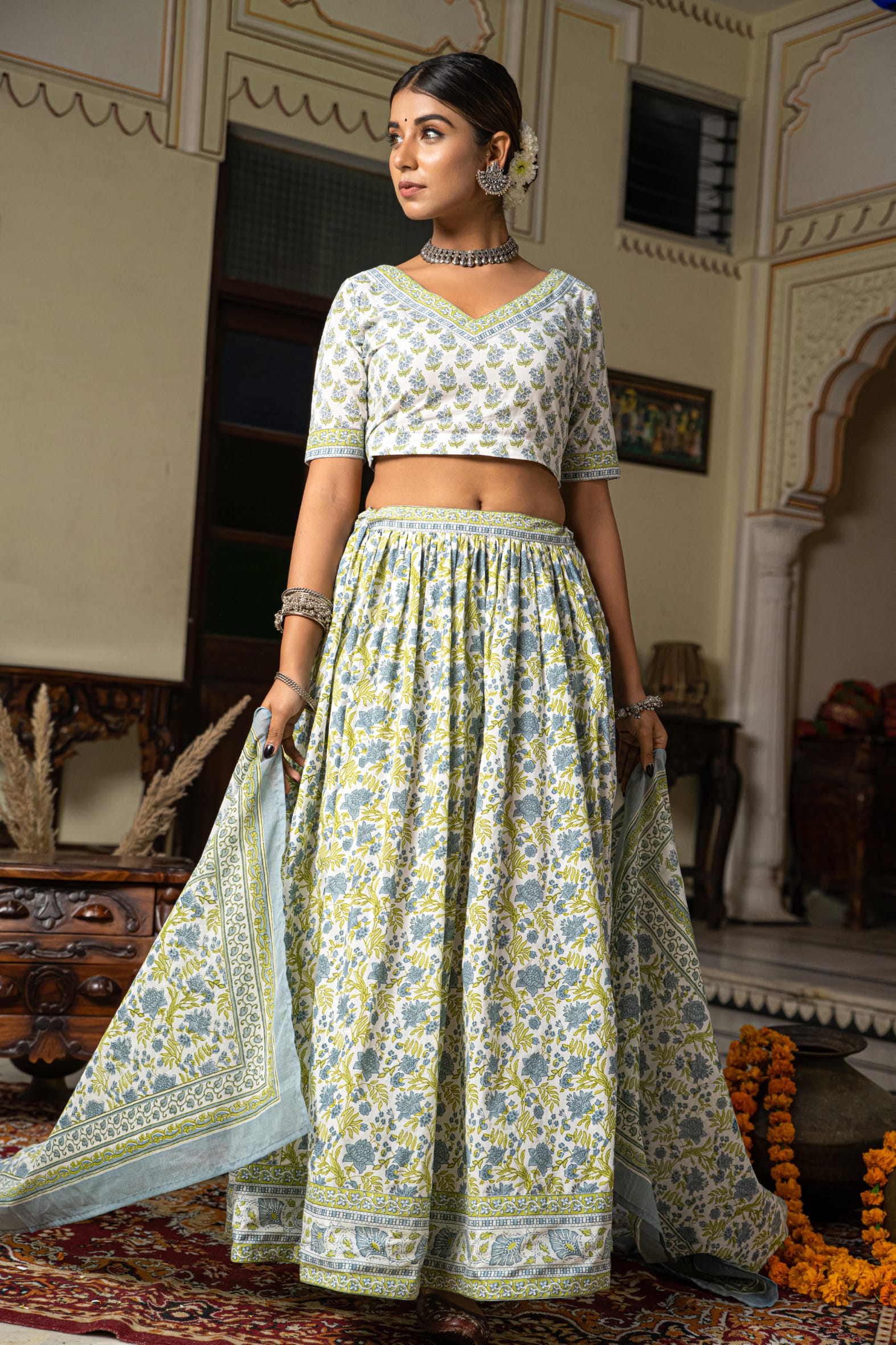 Stunning White Blue Hand Block Cotton Lehenga Set