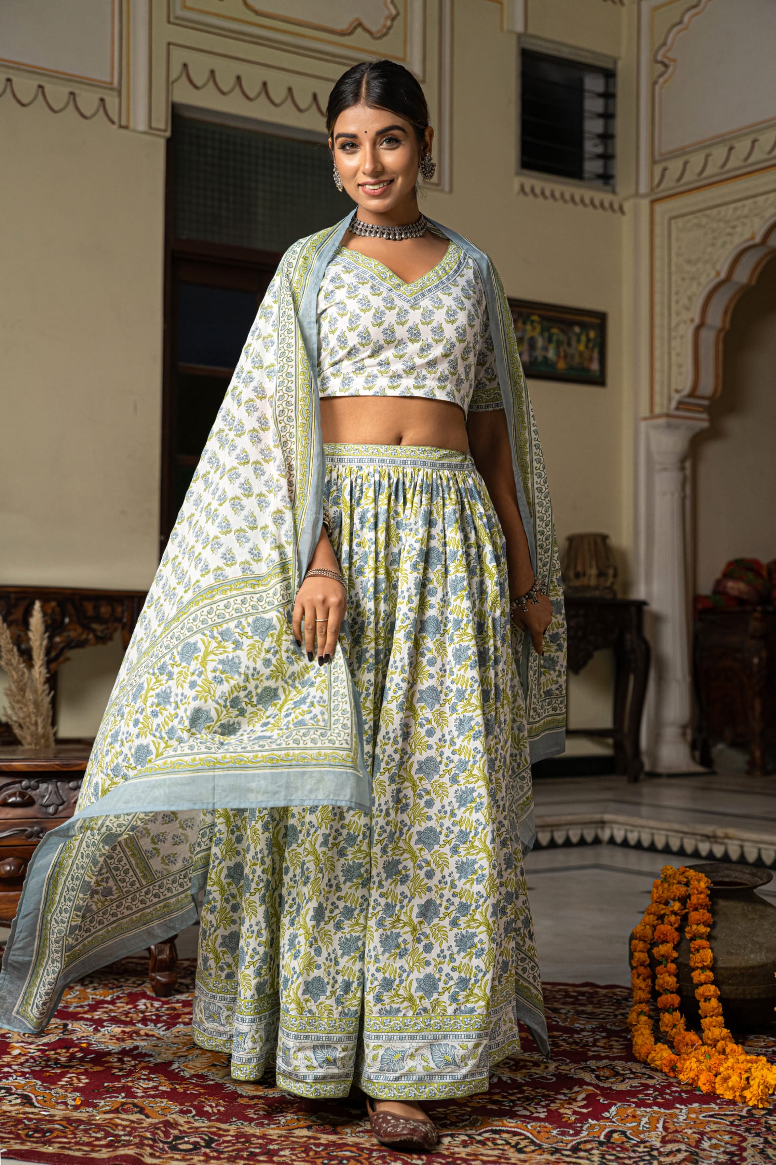 Stunning White Blue Hand Block Cotton Lehenga Set
