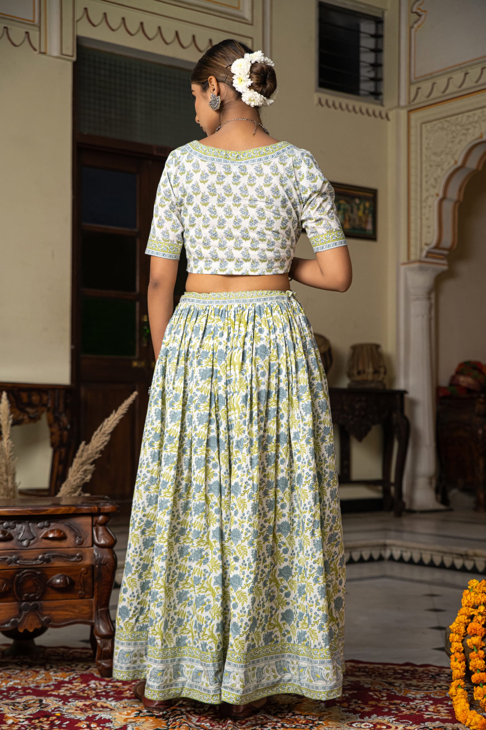 Stunning White Blue Hand Block Cotton Lehenga Set