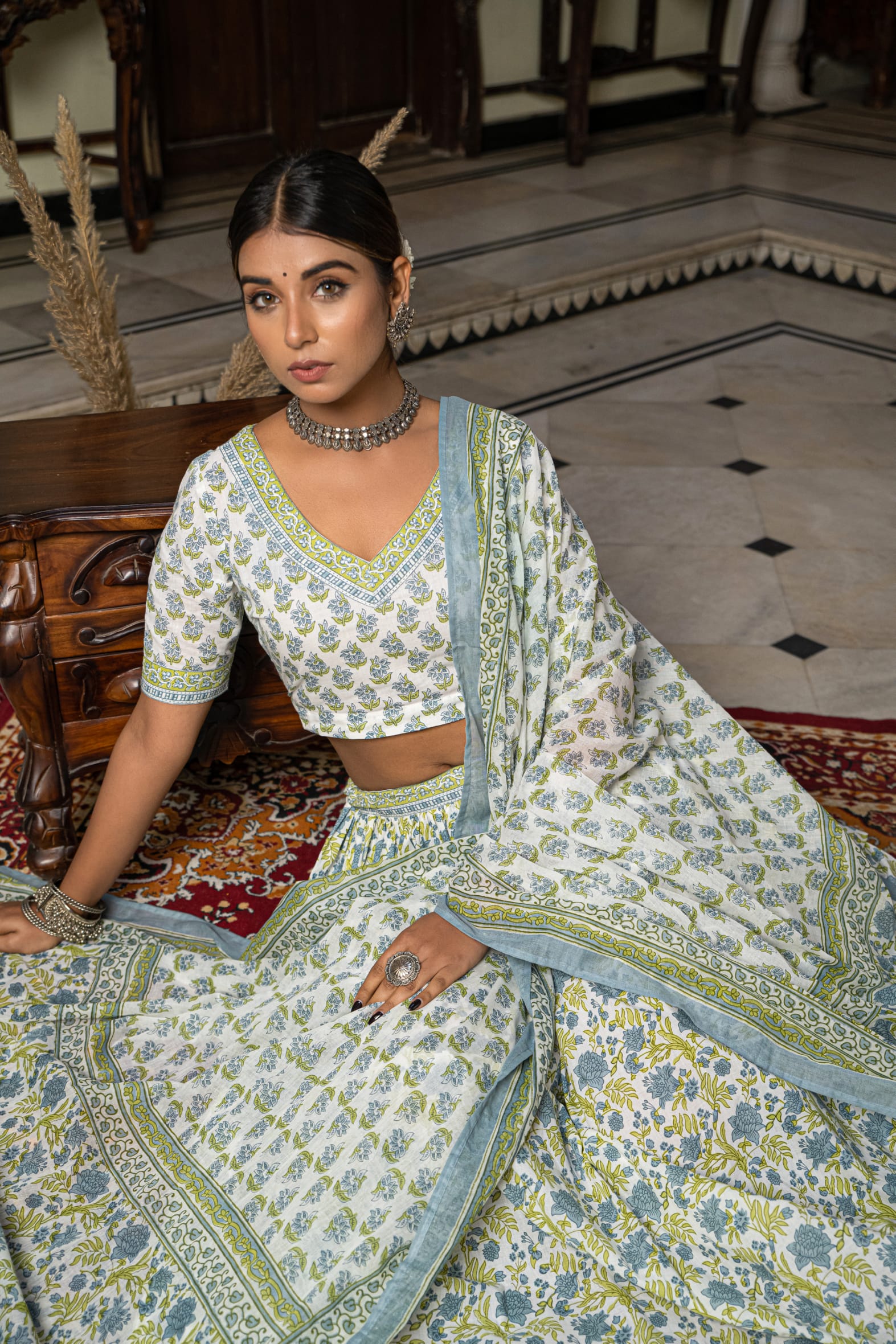 Stunning White Blue Hand Block Cotton Lehenga Set