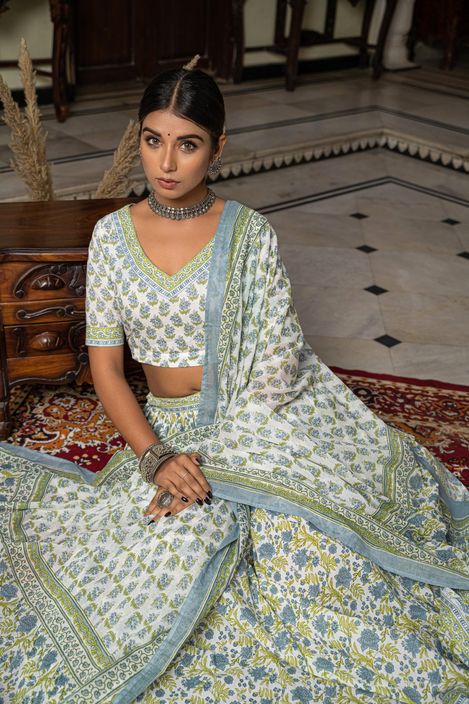 Stunning White Blue Hand Block Cotton Lehenga Set