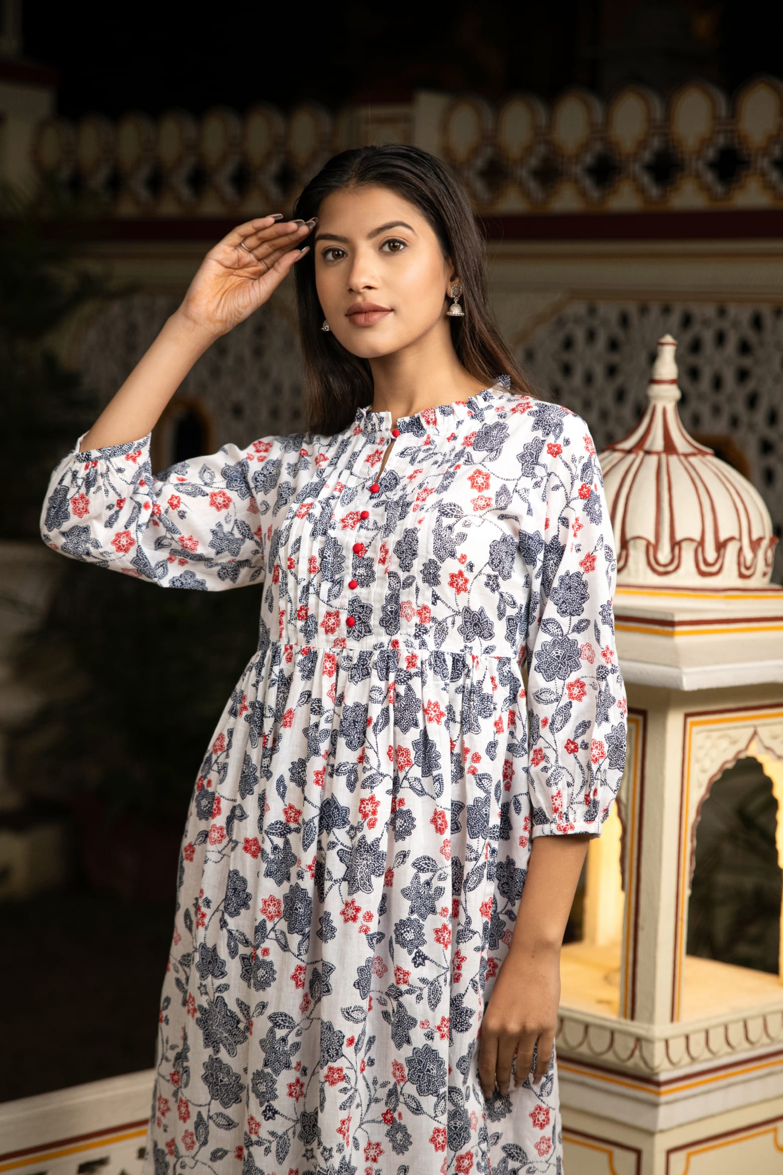 Chic White Grey Hand Block Printed Cotton Dress