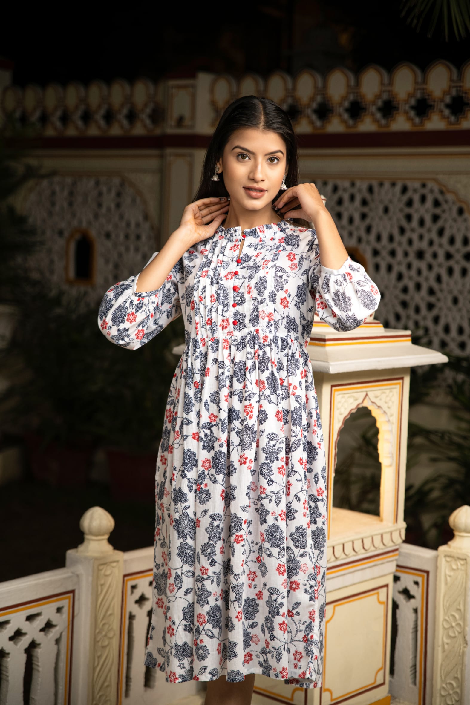 Chic White Grey Hand Block Printed Cotton Dress