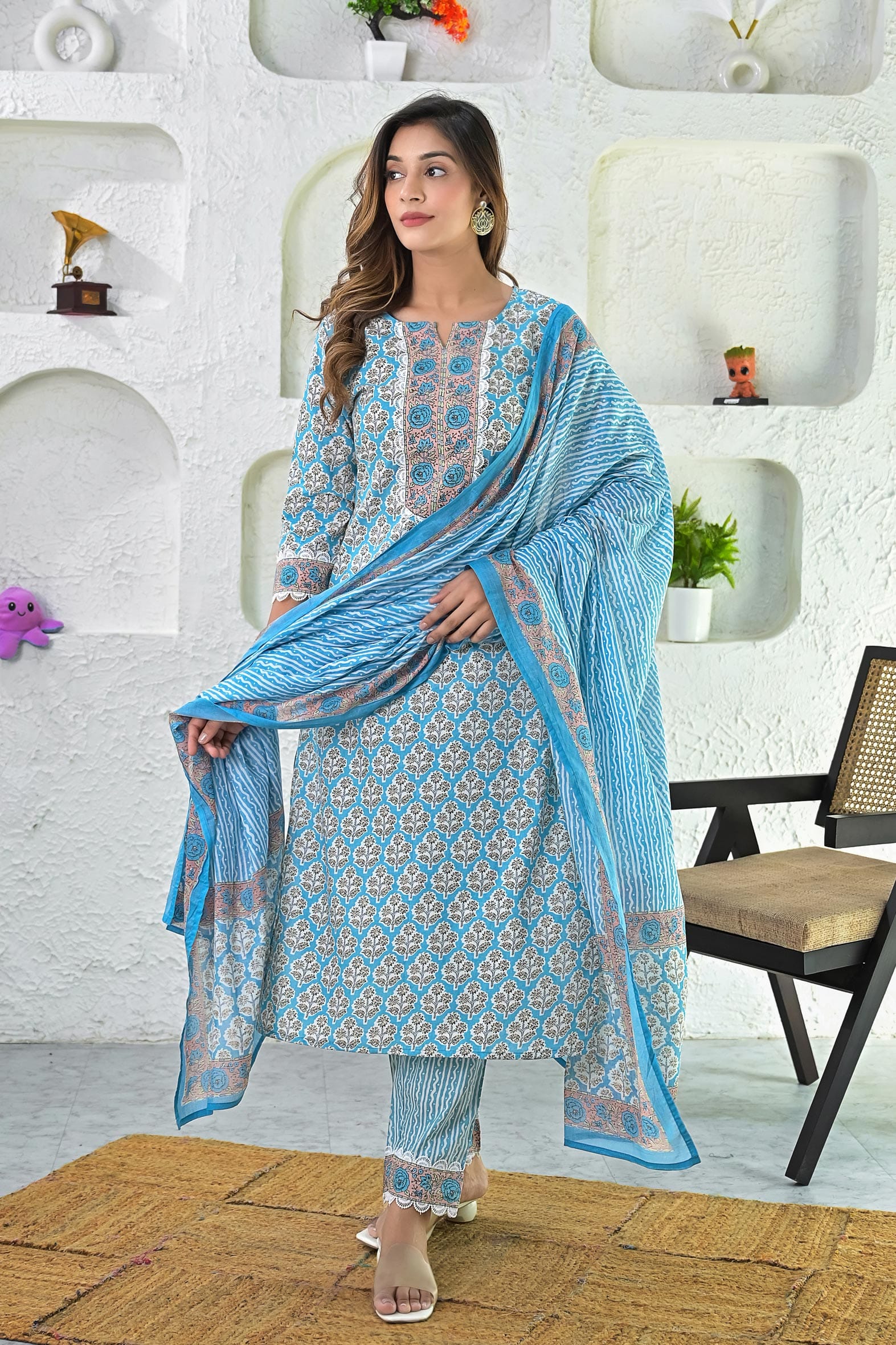 Blue Hand Block Cotton Kurta Pant & Chiffon Dupatta Set