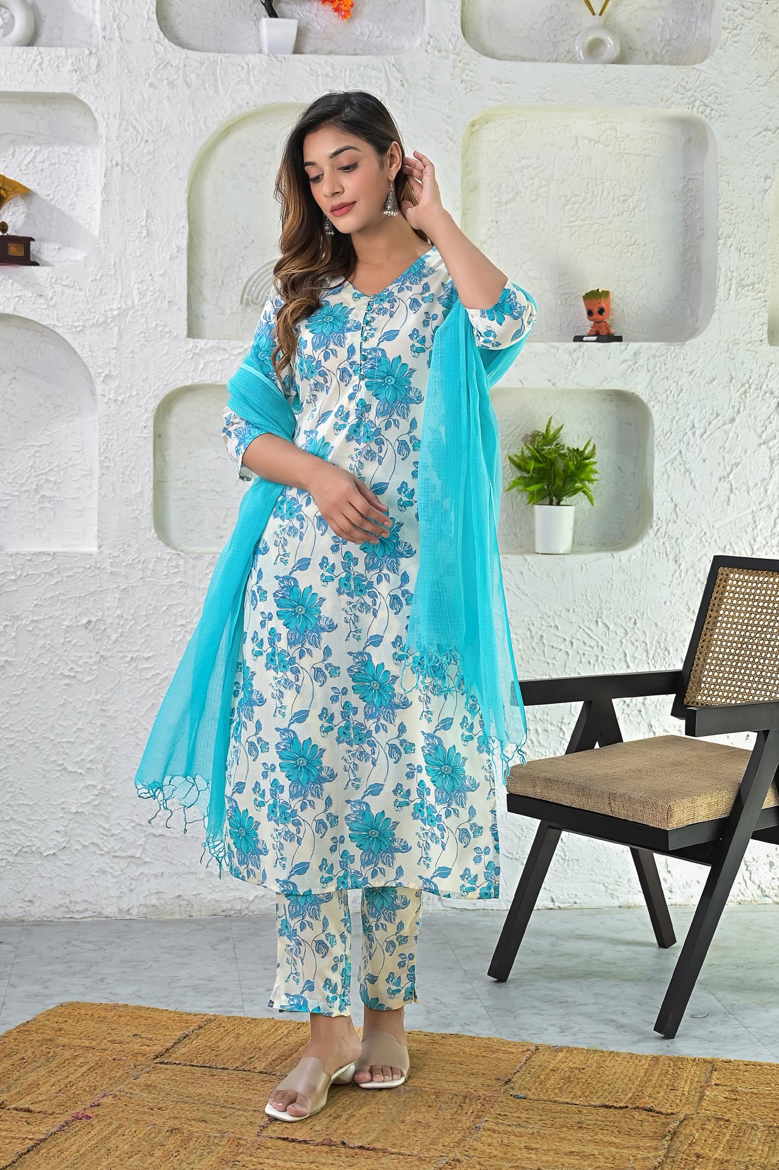 Off White Turquoise Printed Cotton Kurta Pant & Dupatta Set