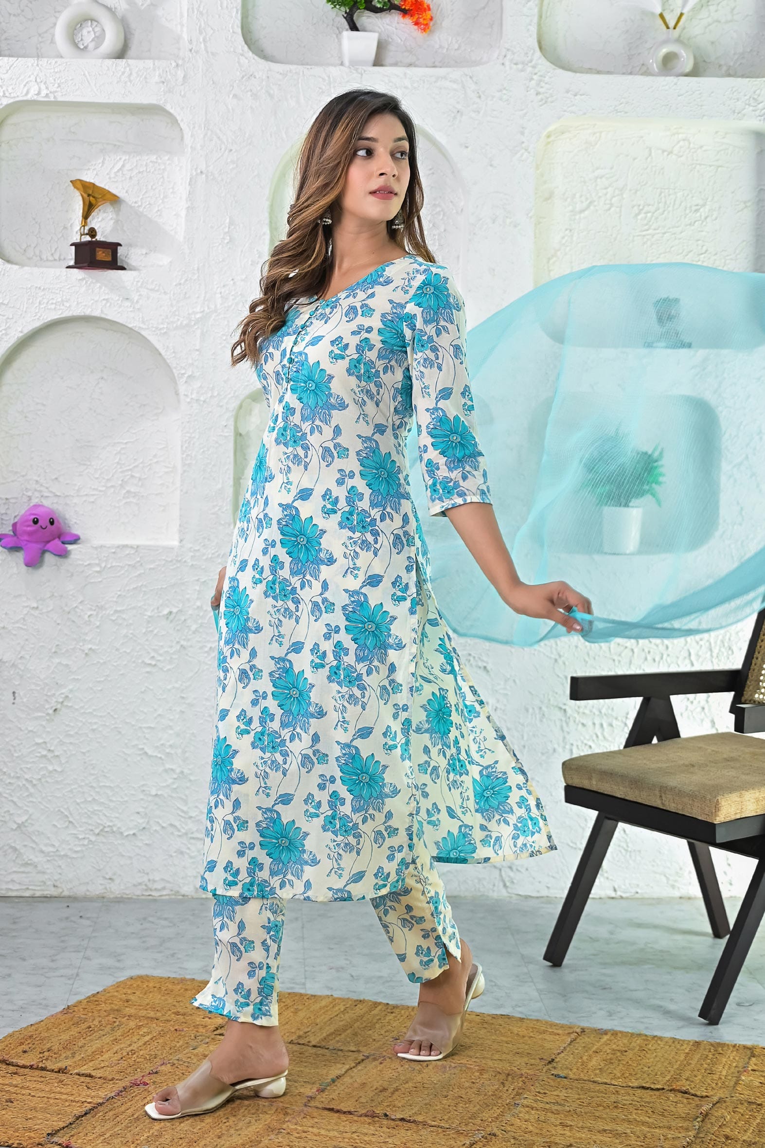 Off White Turquoise Printed Cotton Kurta Pant & Dupatta Set