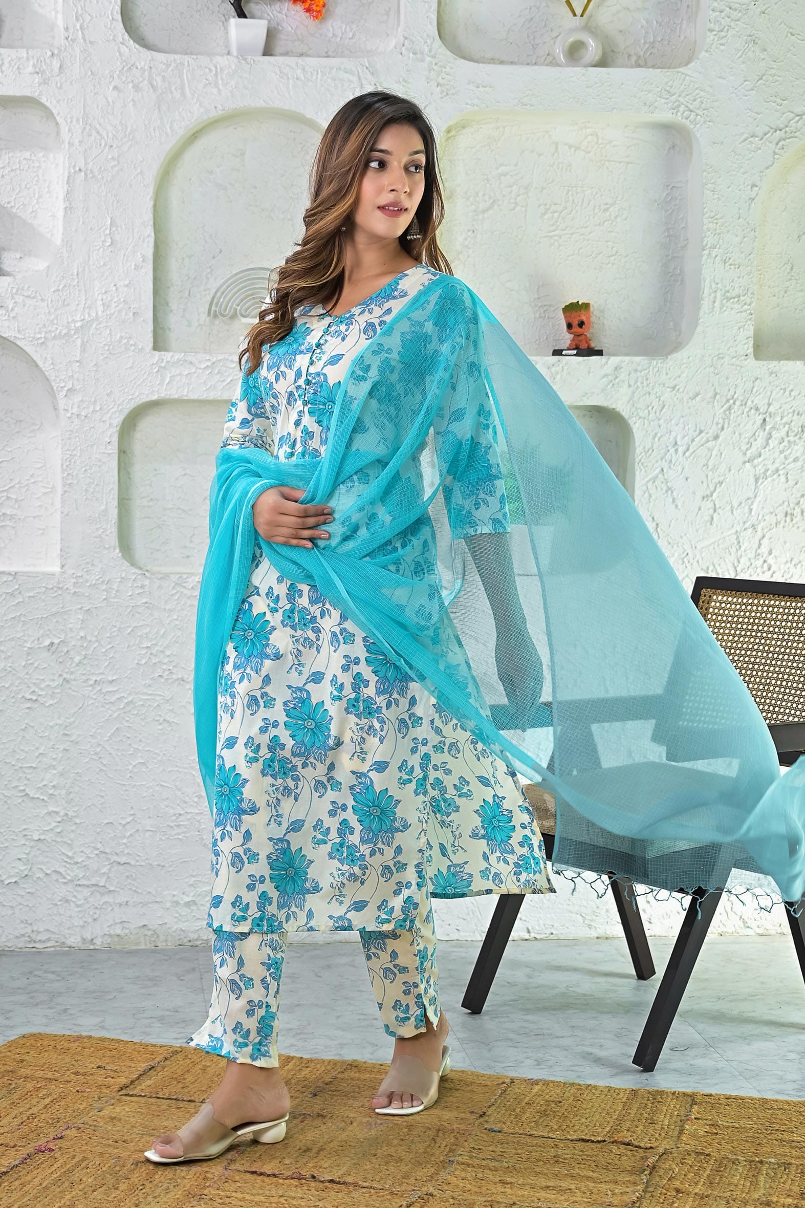 Off White Turquoise Printed Cotton Kurta Pant & Dupatta Set