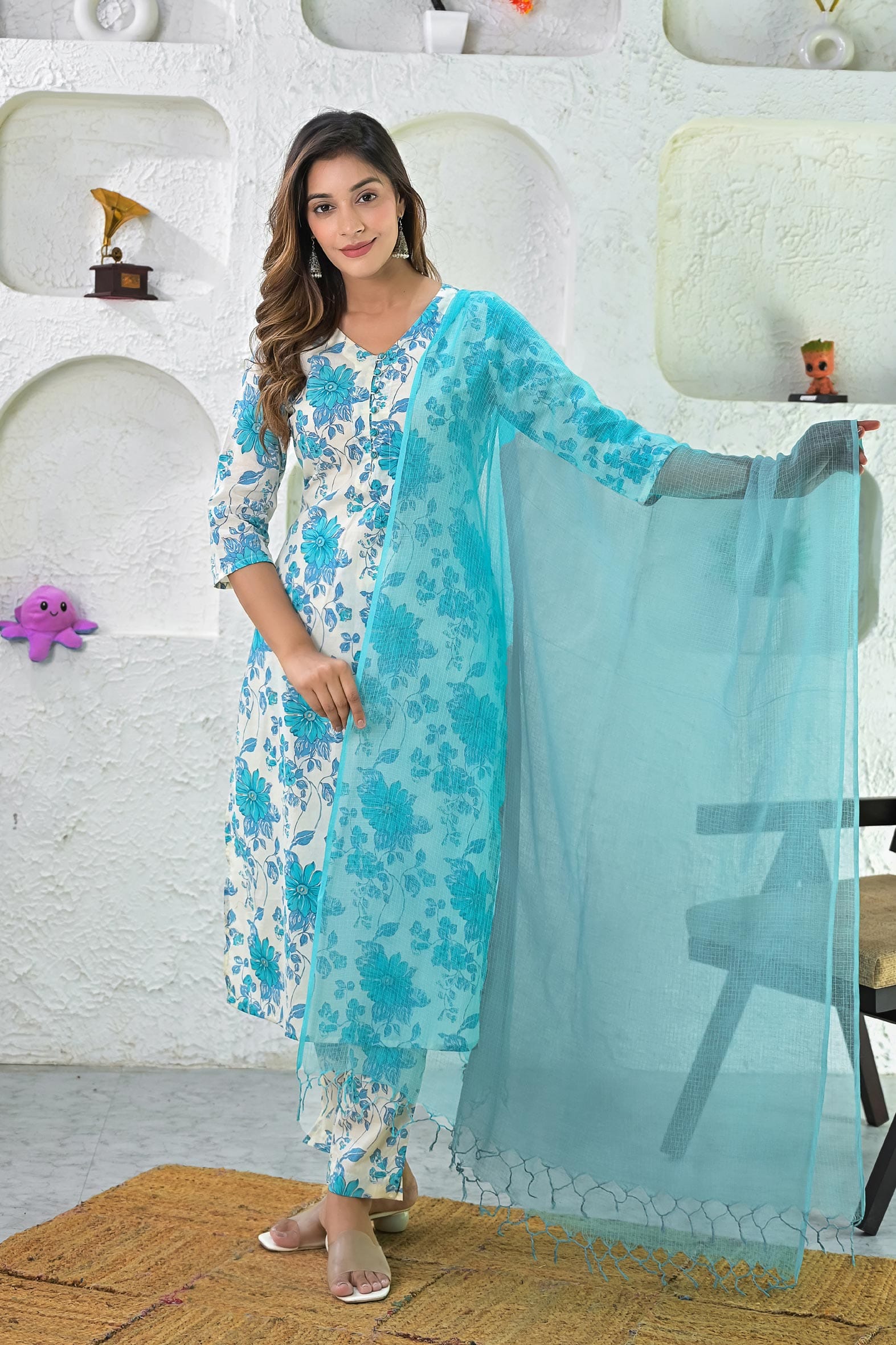 Off White Turquoise Printed Cotton Kurta Pant & Dupatta Set