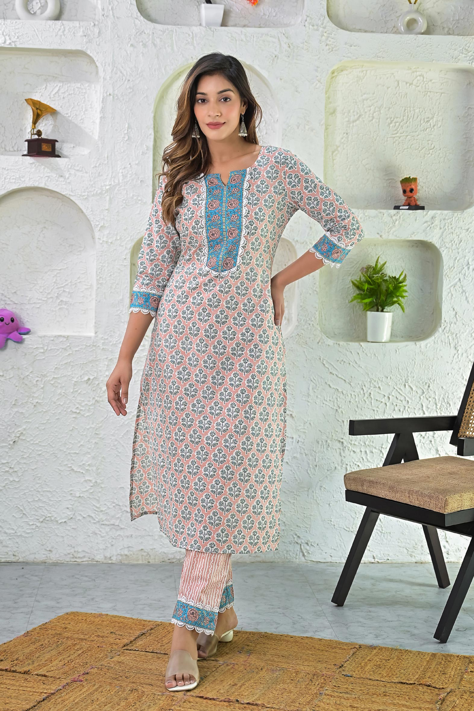 Charming Beige Blue Hand Block Cotton Kurta Pants Set