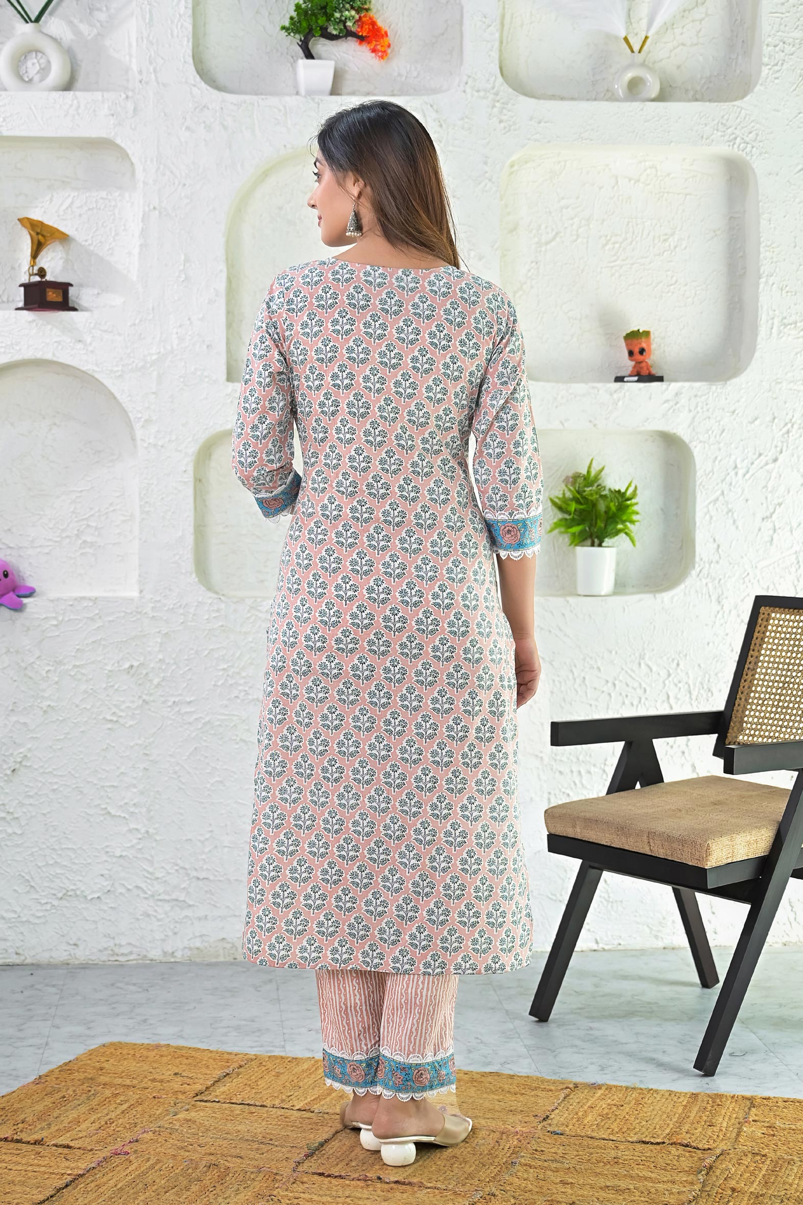 Charming Beige Blue Hand Block Cotton Kurta Pants Set