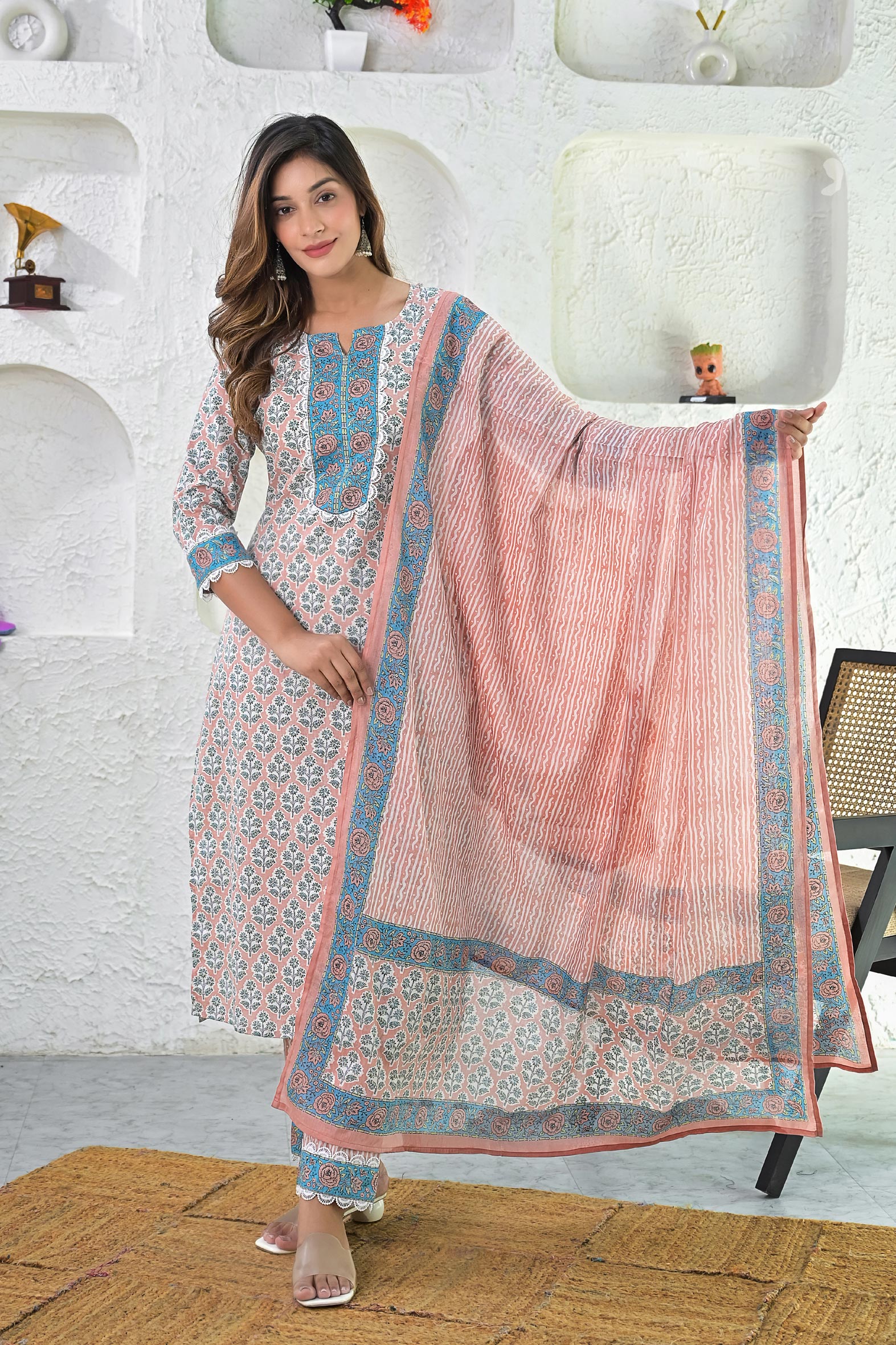 Beige Blue Hand Block Cotton Kurta Pant & Kota Doria Set