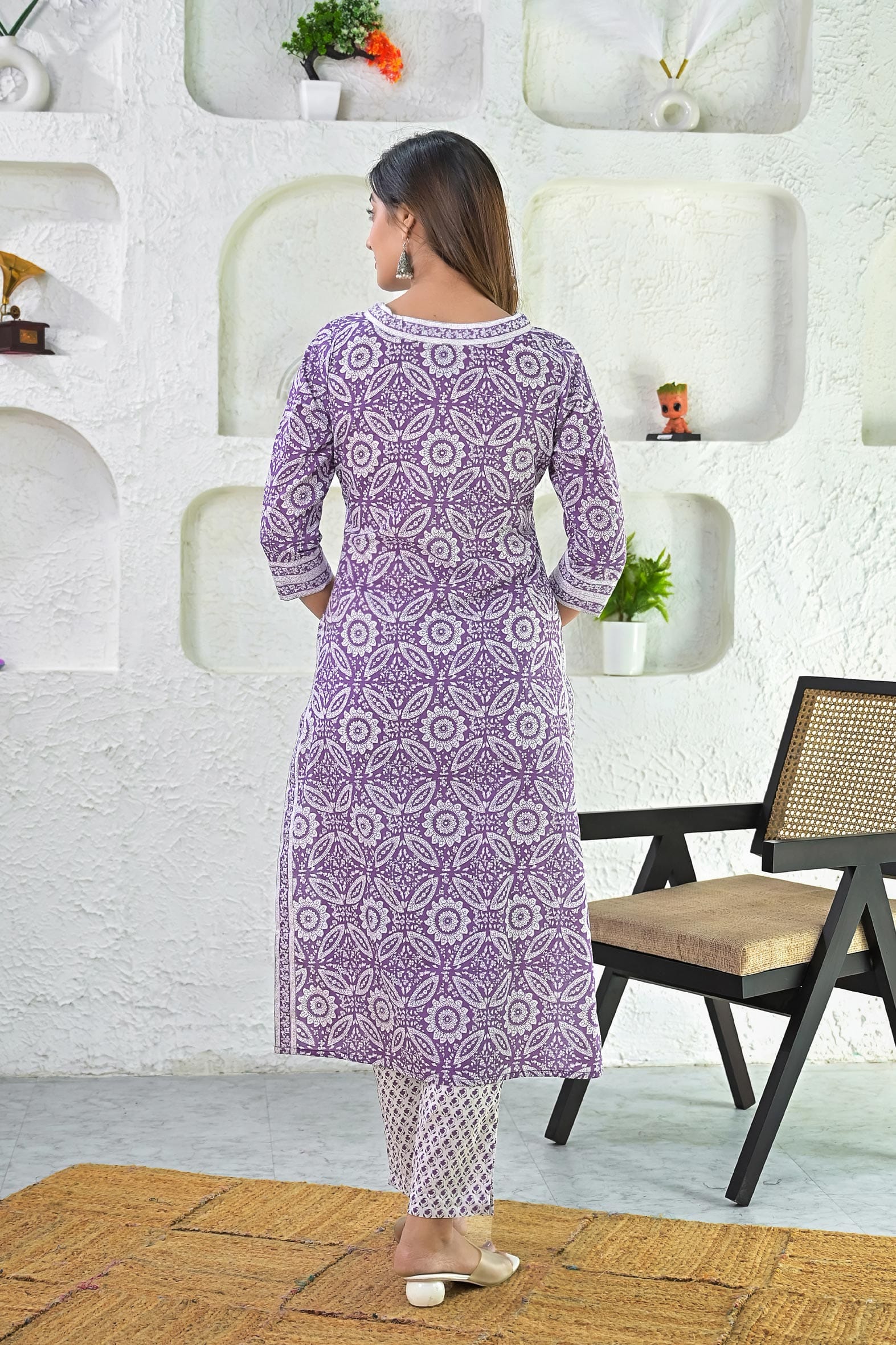 Mesmerizing Purple Hand Block Printed Cotton Kurta Pants Set