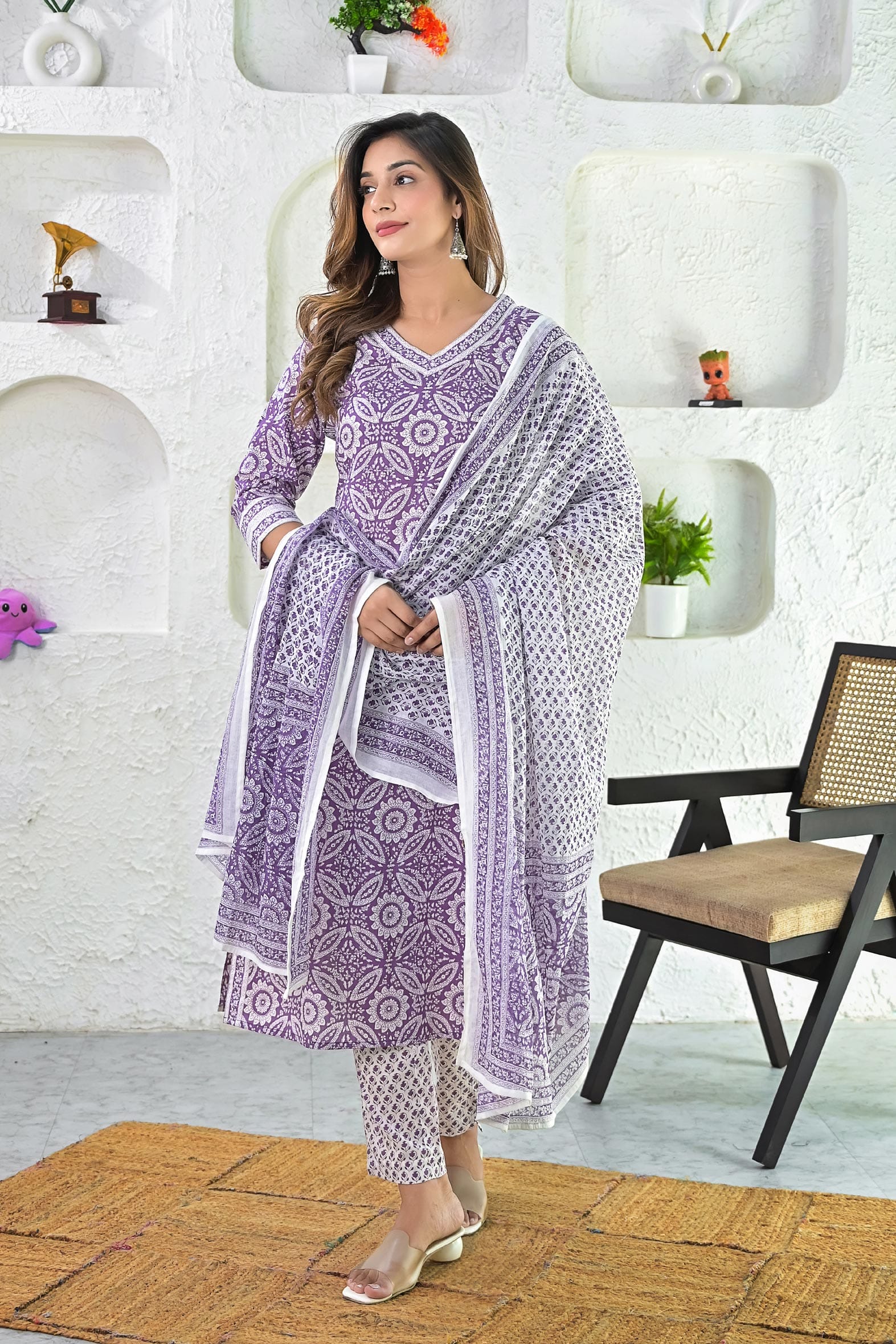 Beautiful Purple Hand Block Cotton Kurta Pant & Dupatta Set